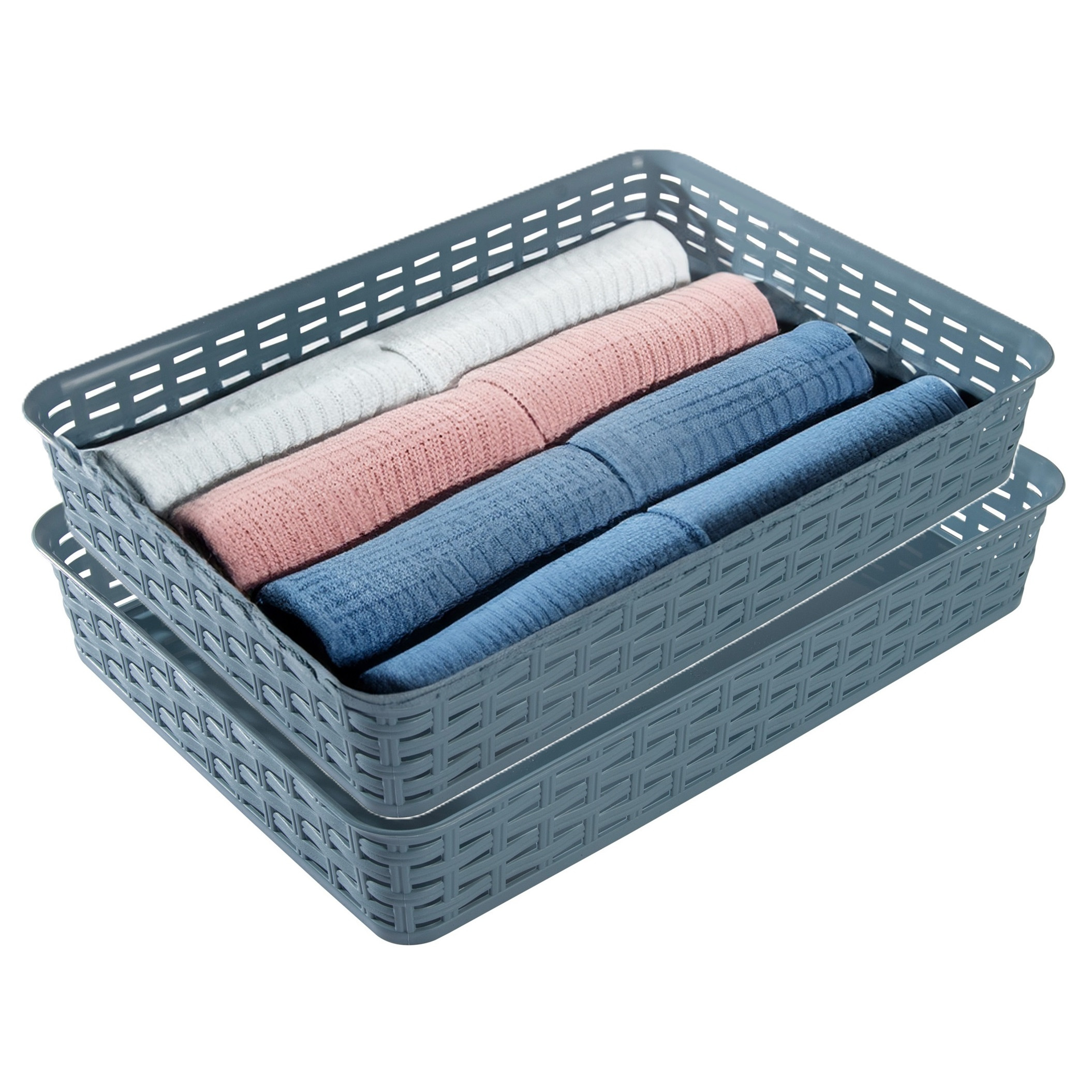 Opbergmandje/kastmandje - 2x - denin blauw - 4.5 liter - kunststof - 26 x 35 x 6 cm - ladeverdelers -