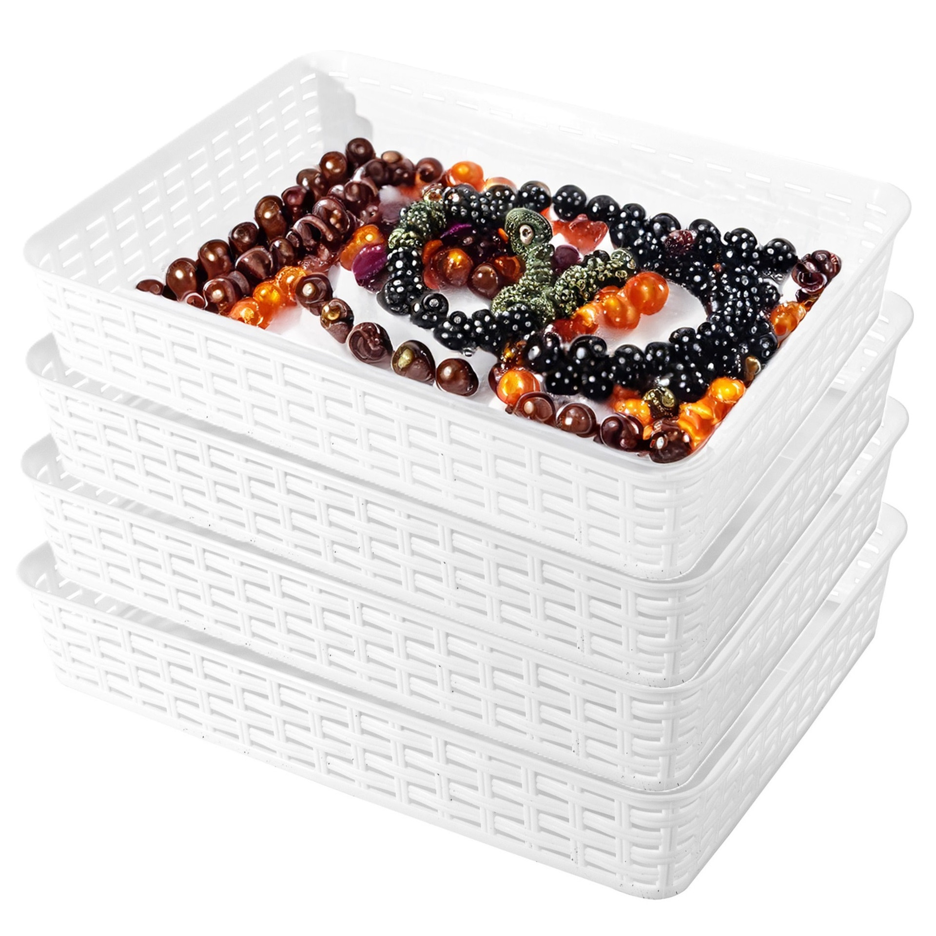 Opbergmandje/kastmandje - 4x - wit - 4.5 liter - kunststof - 26 x 35 x 6 cm - ladeverdelers -