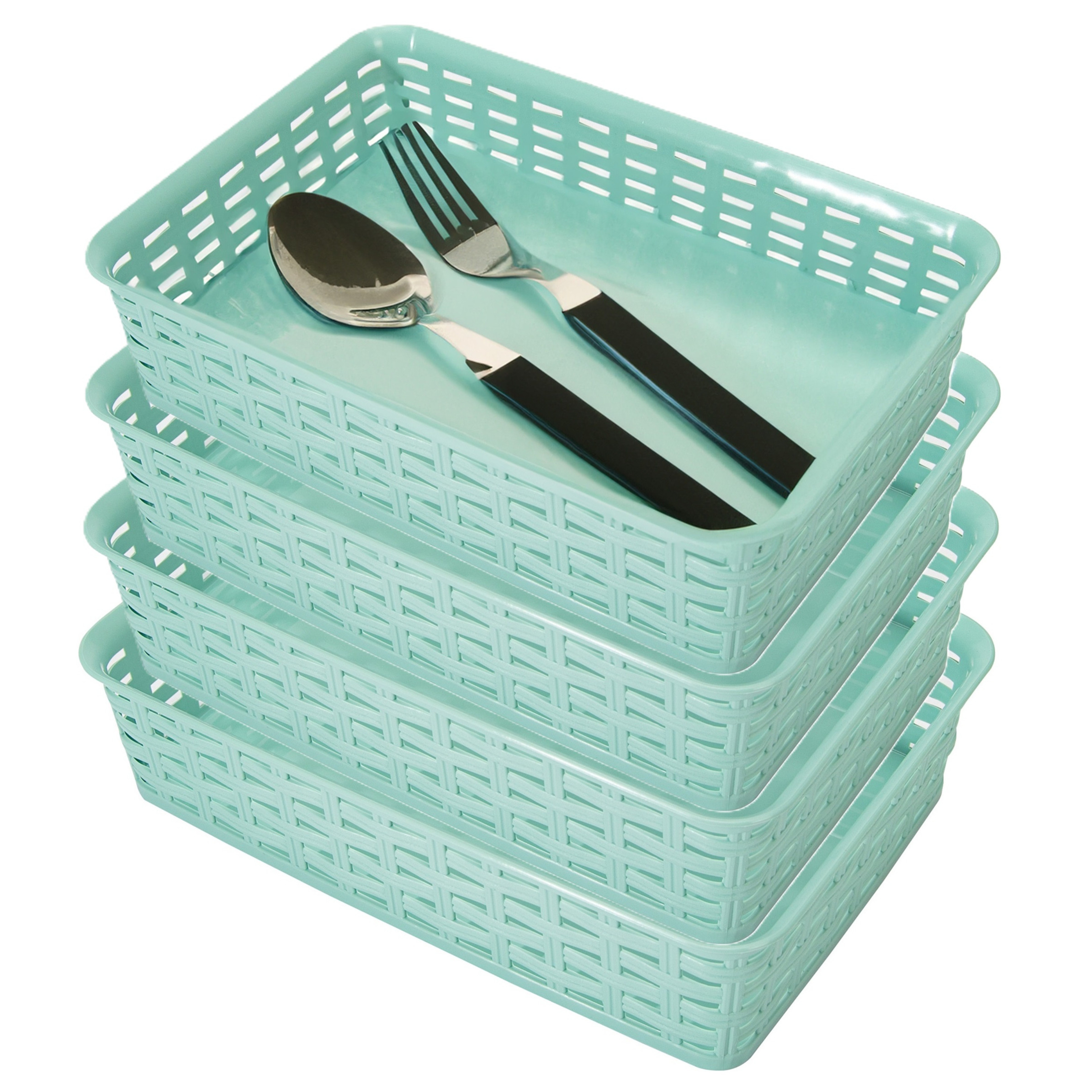 Opbergmandje/ladeverdeler - 4x - mintgroen - 2 liter - kunststof - 17 x 25 x 6 cm - kleine bakjes -