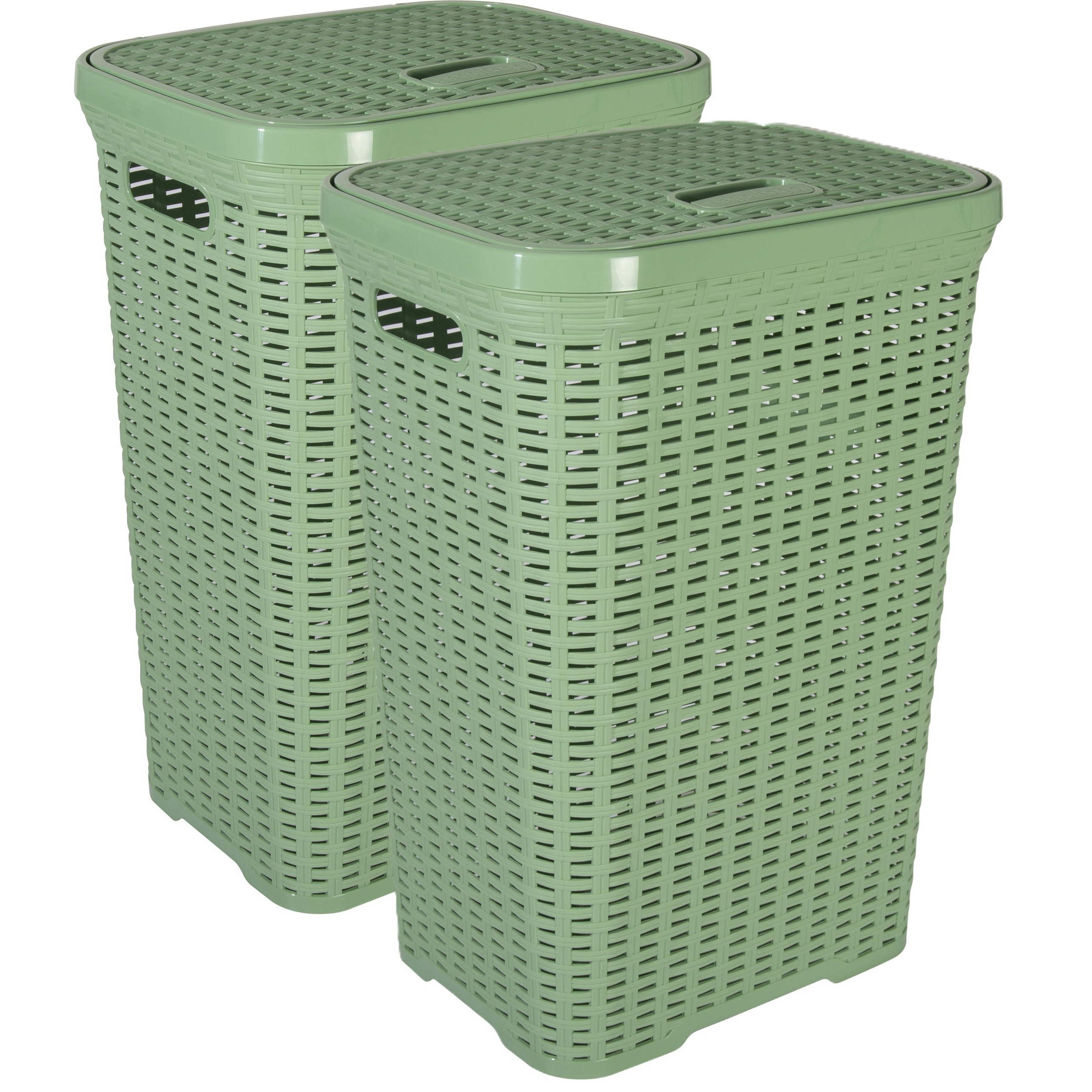 Wasmand met deksel Rotan - 2x - groen - gevlochten kunststof - 60 liter - 34 x 43 x 62 cm -