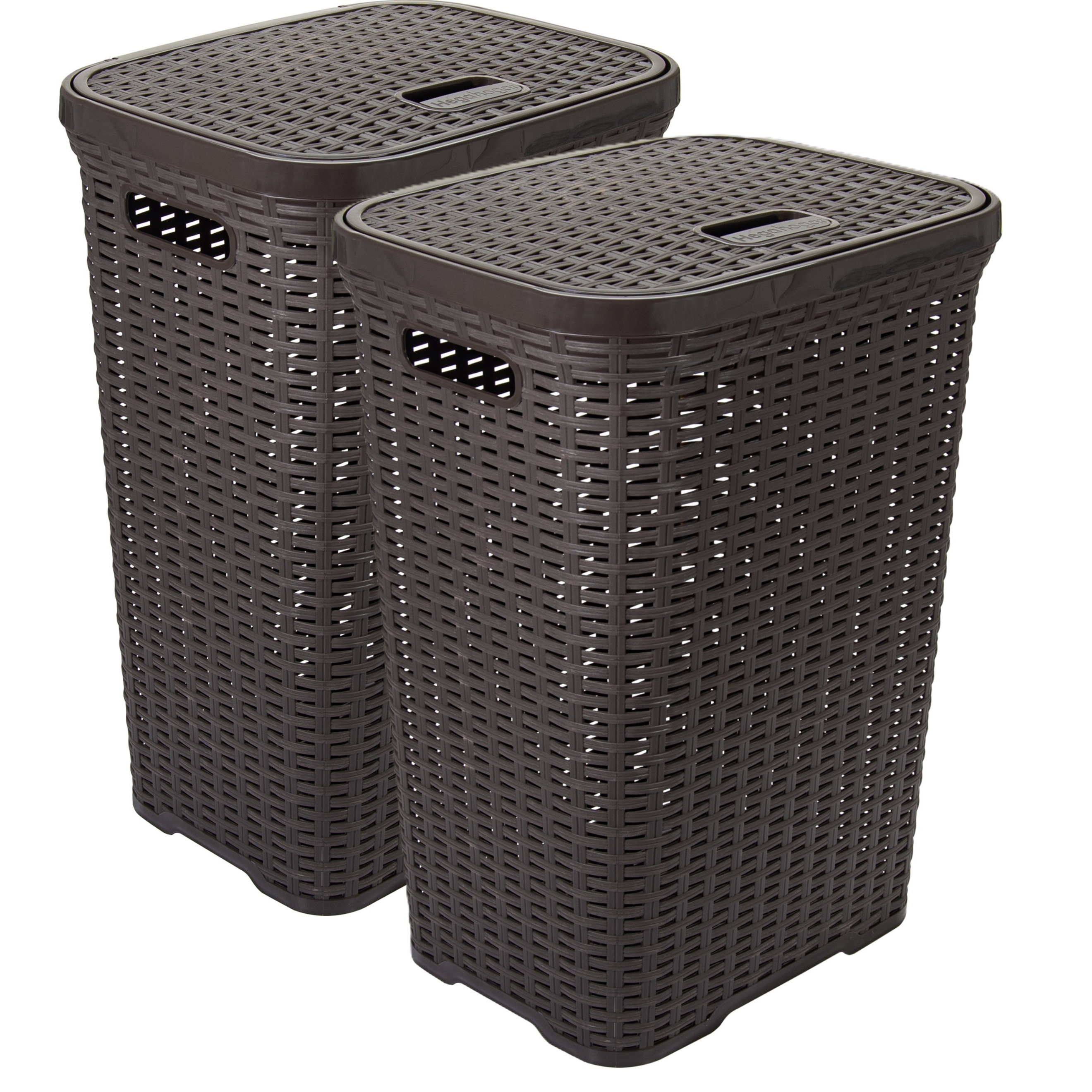 Wasmand met deksel Rotan - 2x - donkerbruin - gevlochten kunststof - 60 liter - 34 x 43 x 62 cm -