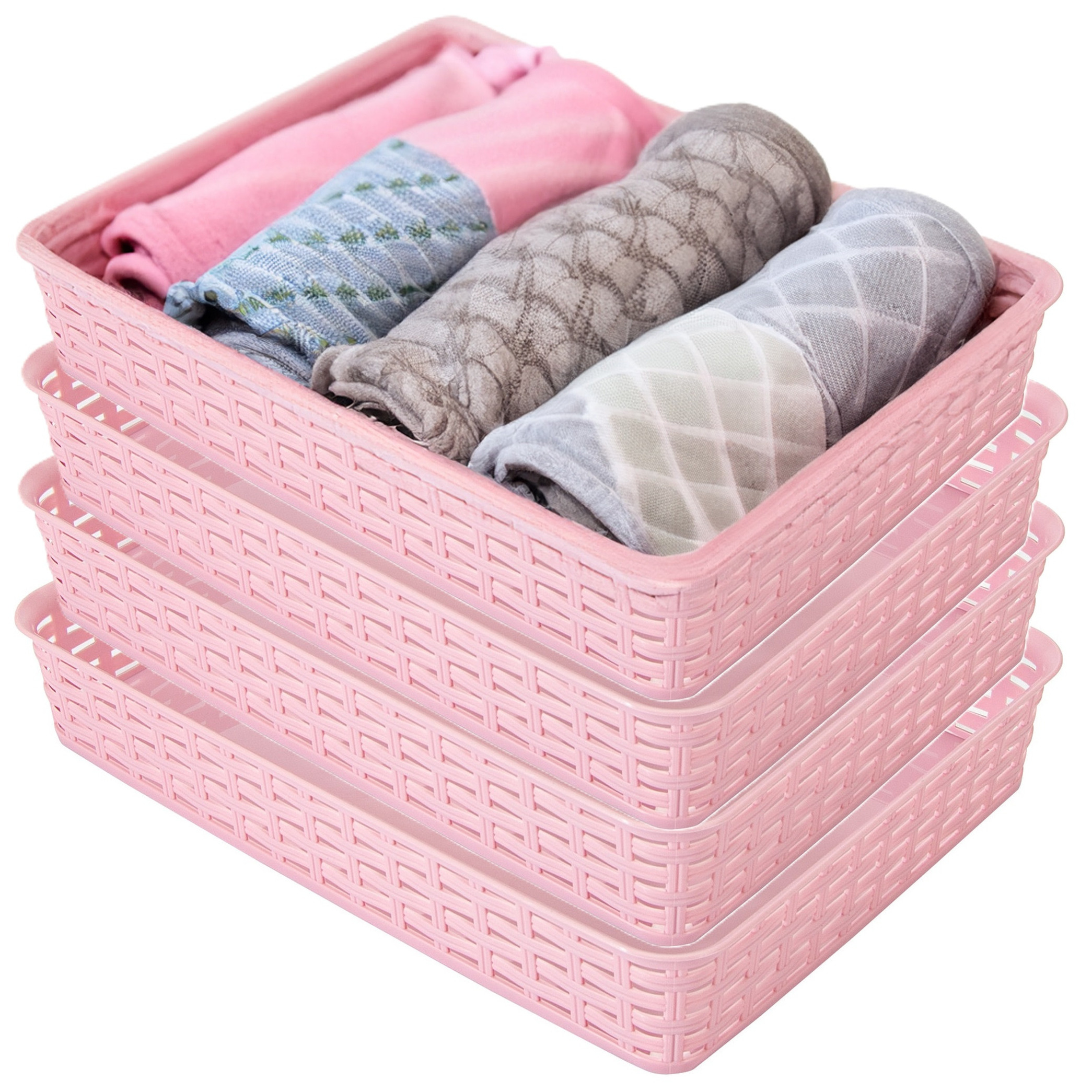 Opbergmandje/kastmandje - 4x - roze - 4.5 liter - kunststof - 26 x 35 x 6 cm - ladeverdelers -