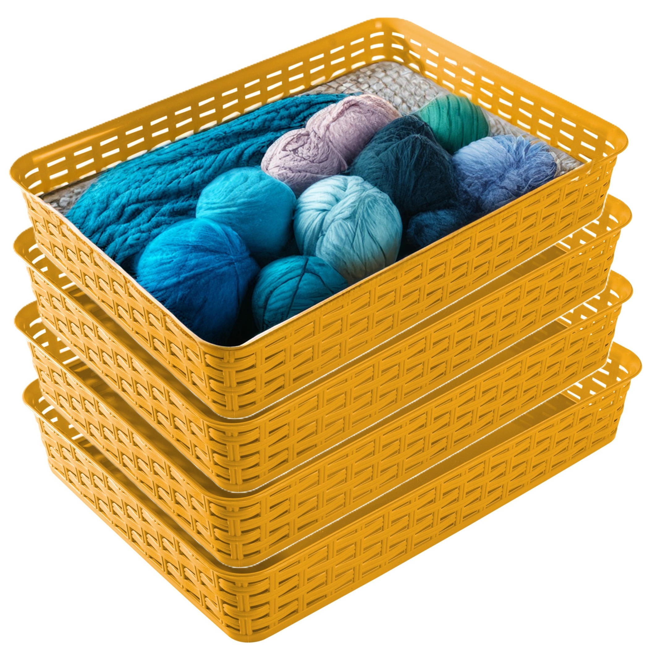 Opbergmandje/kastmandje - 4x - okergeel - 4.5 liter - kunststof - 26 x 35 x 6 cm - ladeverdelers -