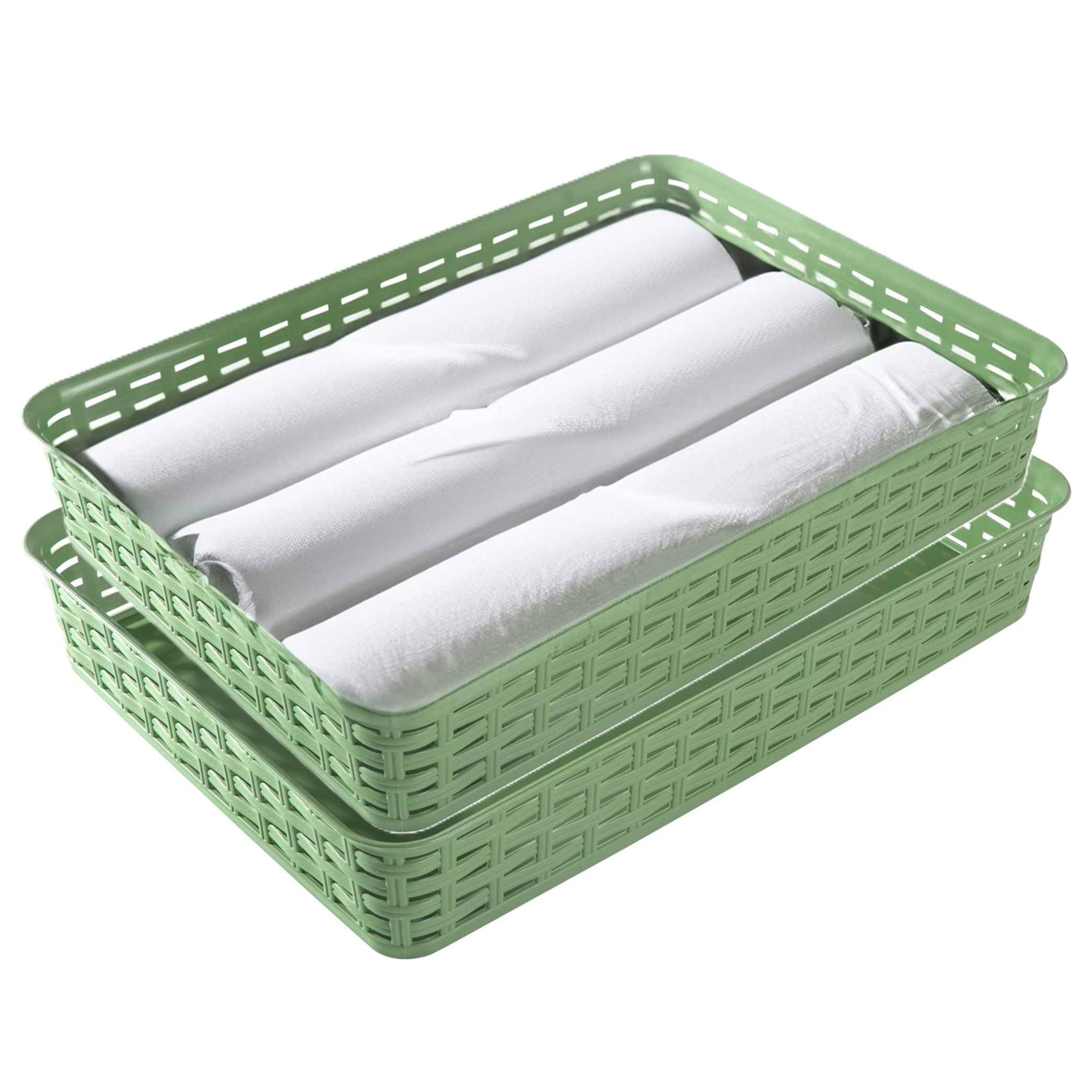 Opbergmandje/kastmandje - 2x - groen - 4.5 liter - kunststof - 26 x 35 x 6 cm - ladeverdelers -