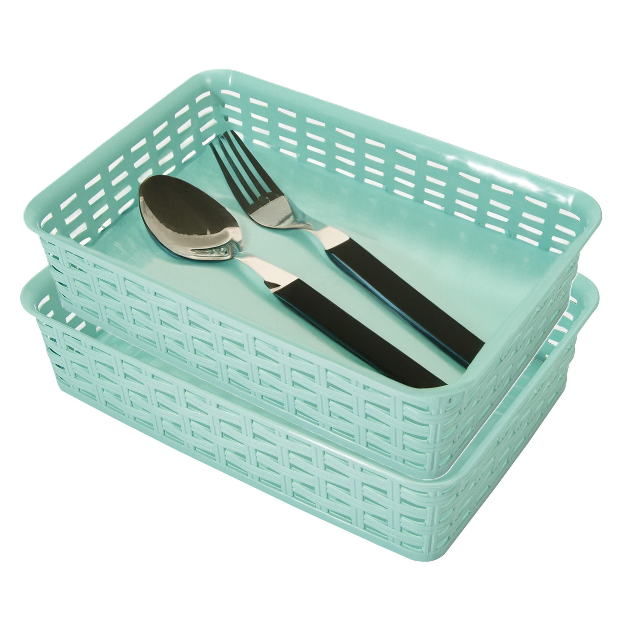 Opbergmandje/ladeverdeler - 2x - mintgroen - 2 liter - kunststof - 17 x 25 x 6 cm - kleine bakjes -