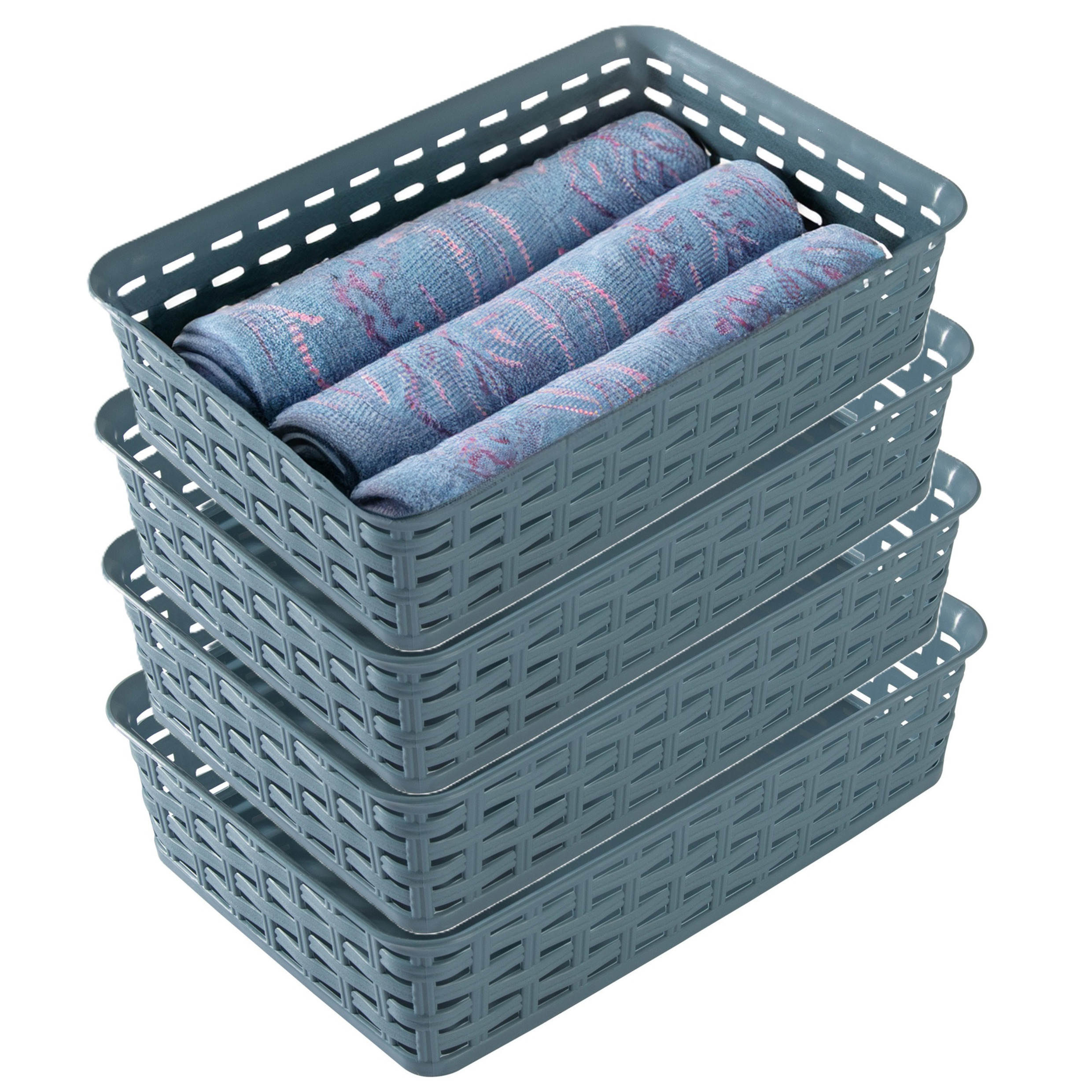 Opbergmandje/ladeverdeler - 4x - denin blauw - 2 liter - kunststof - 17 x 25 x 6 cm - kleine bakjes -