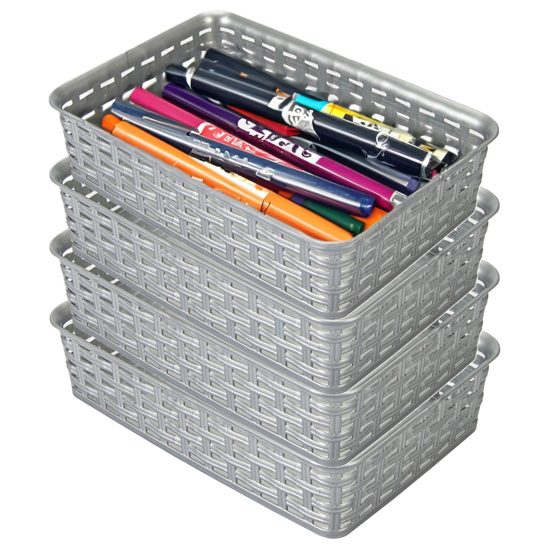 Opbergmandje/ladeverdeler - 4x - zilvergrijs - 2 liter - kunststof - 17 x 25 x 6 cm - kleine bakjes -