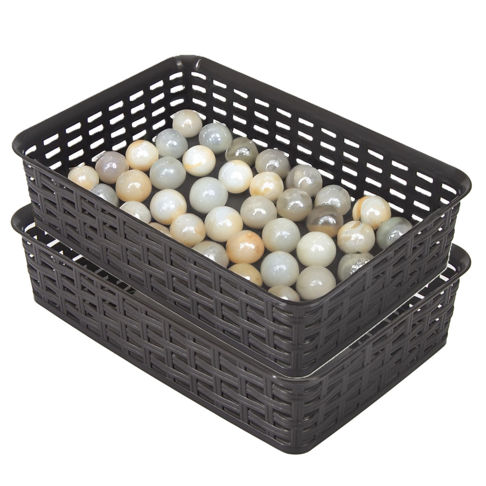 Opbergmandje/ladeverdeler - 2x - donkerbruin - 2 liter - kunststof - 17 x 25 x 6 cm - kleine bakjes -