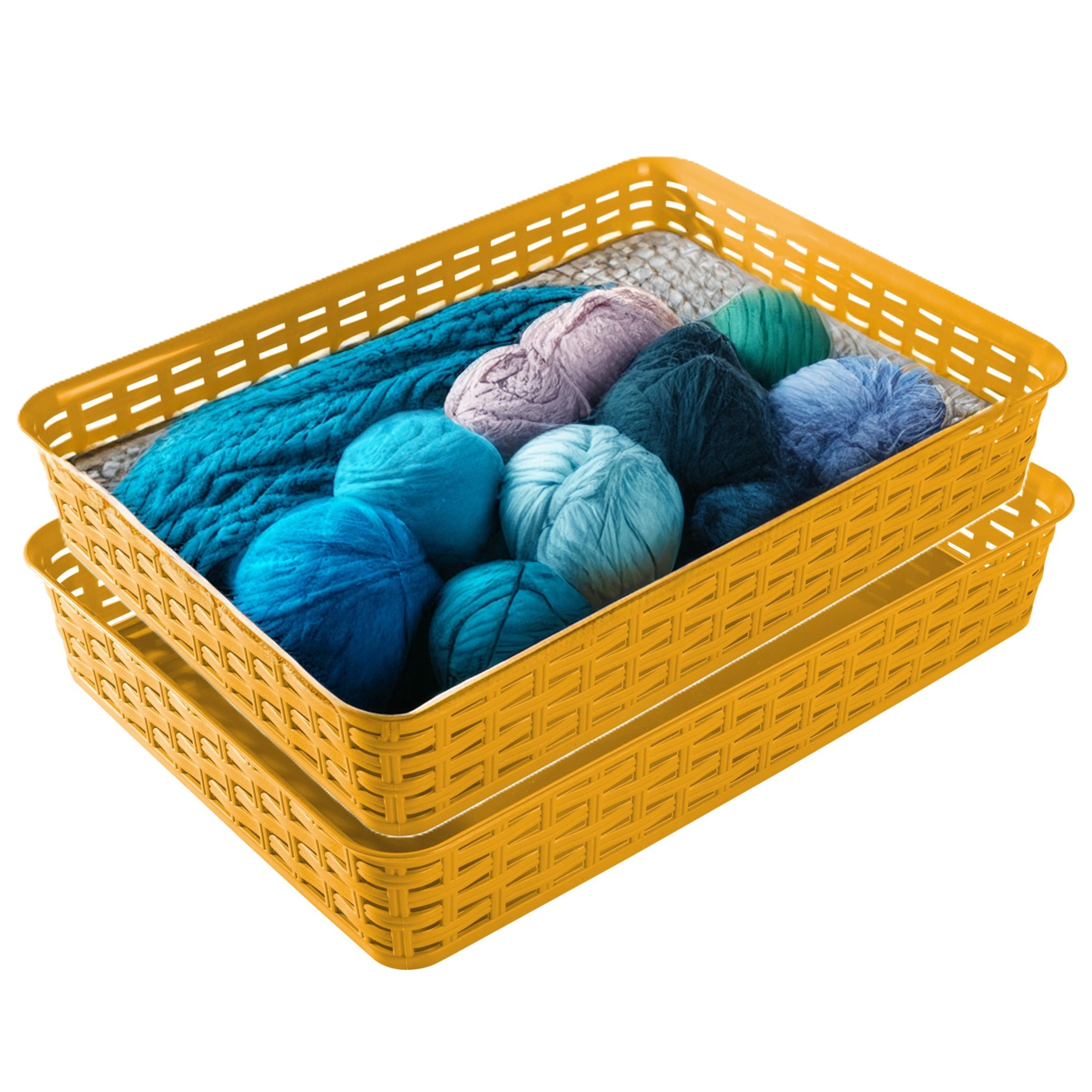 Opbergmandje/kastmandje - 2x - okergeel - 4.5 liter - kunststof - 26 x 35 x 6 cm - ladeverdelers -