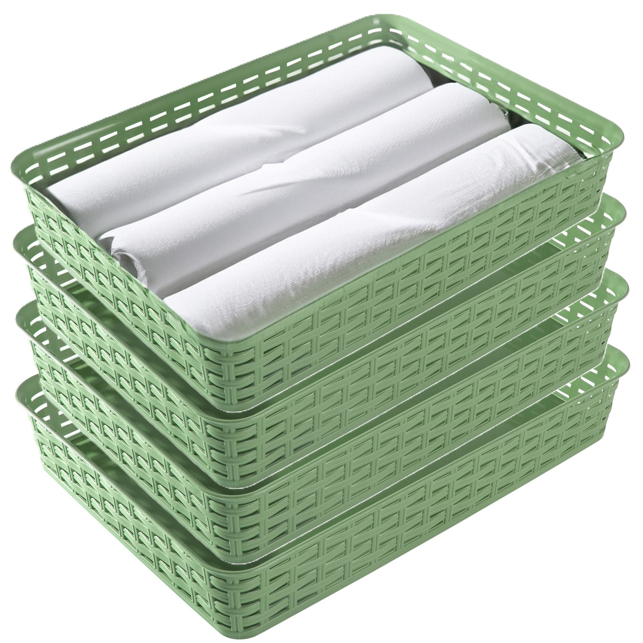 Opbergmandje/kastmandje - 4x - groen - 4.5 liter - kunststof - 26 x 35 x 6 cm - ladeverdelers -