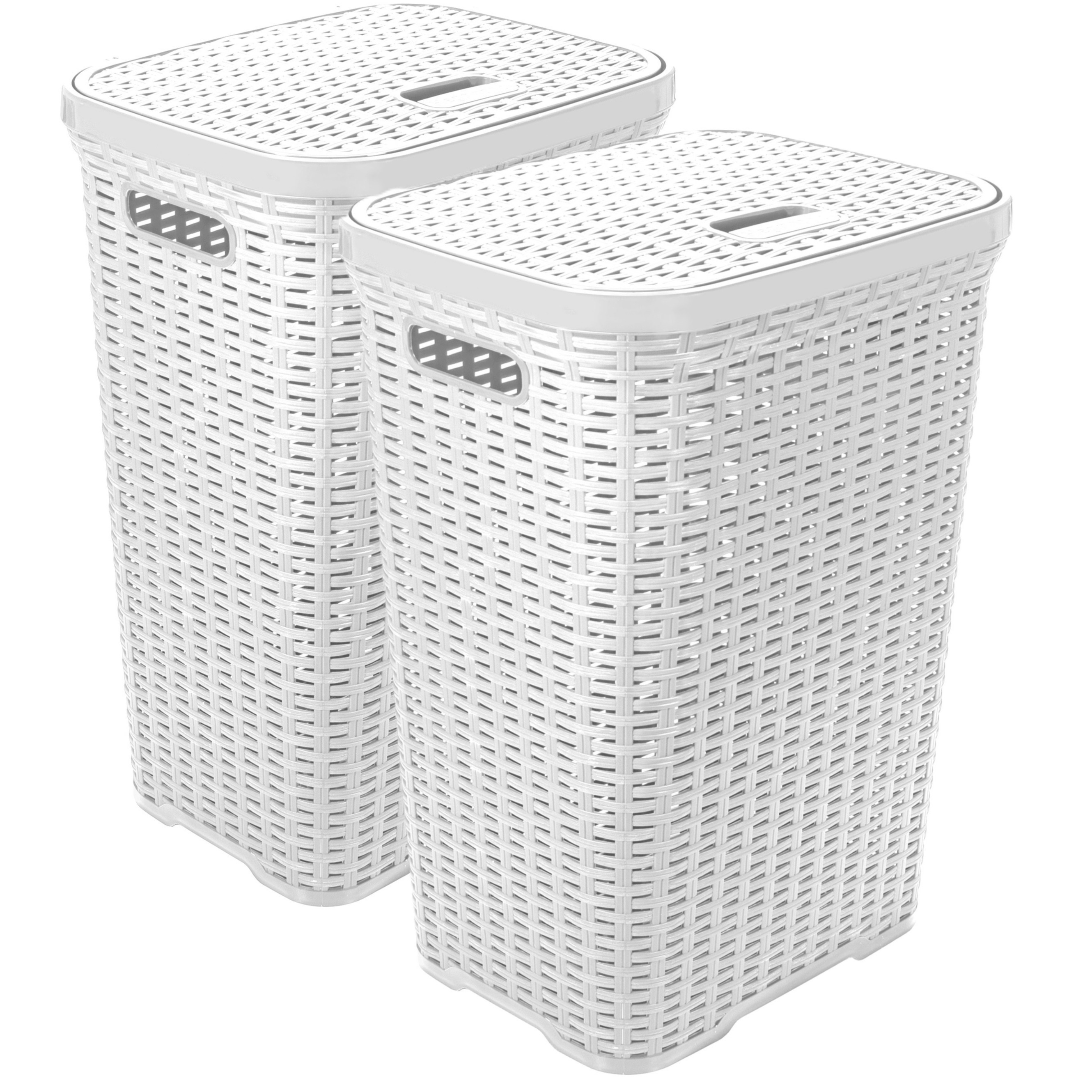 Wasmand met deksel Rotan - 2x - wit - gevlochten kunststof - 60 liter - 34 x 43 x 62 cm -