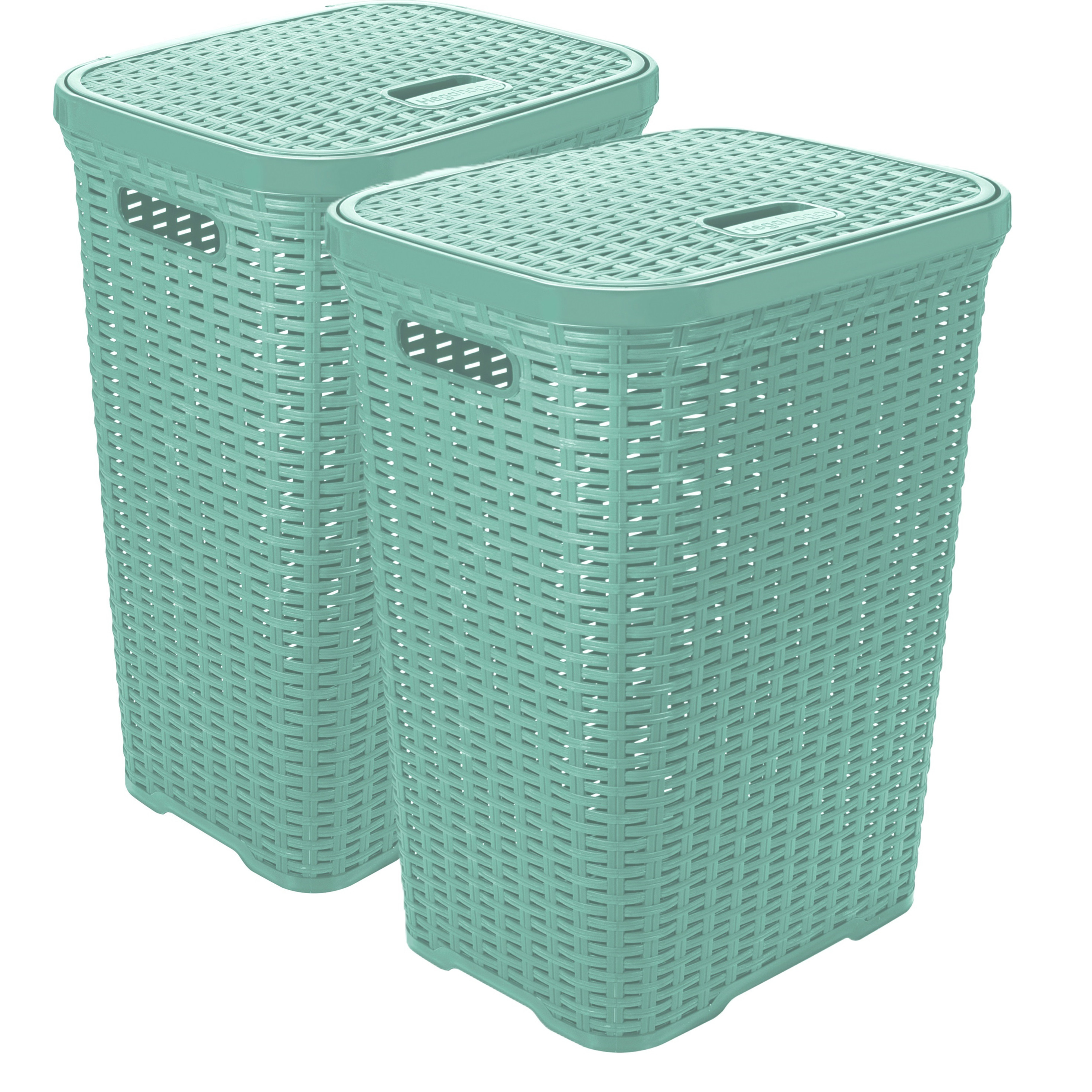 Wasmand met deksel Rotan - 2x - mintgroen - gevlochten kunststof - 60 liter - 34 x 43 x 62 cm -