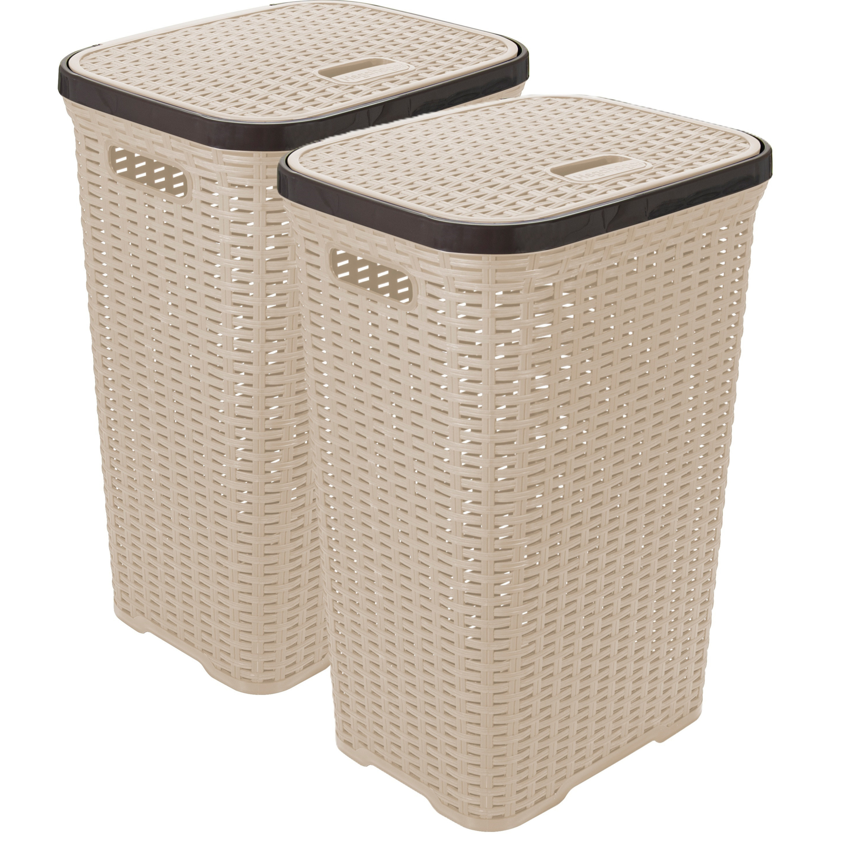 Wasmand met deksel Rotan - 2x - beige - gevlochten kunststof - 60 liter - 34 x 43 x 62 cm -