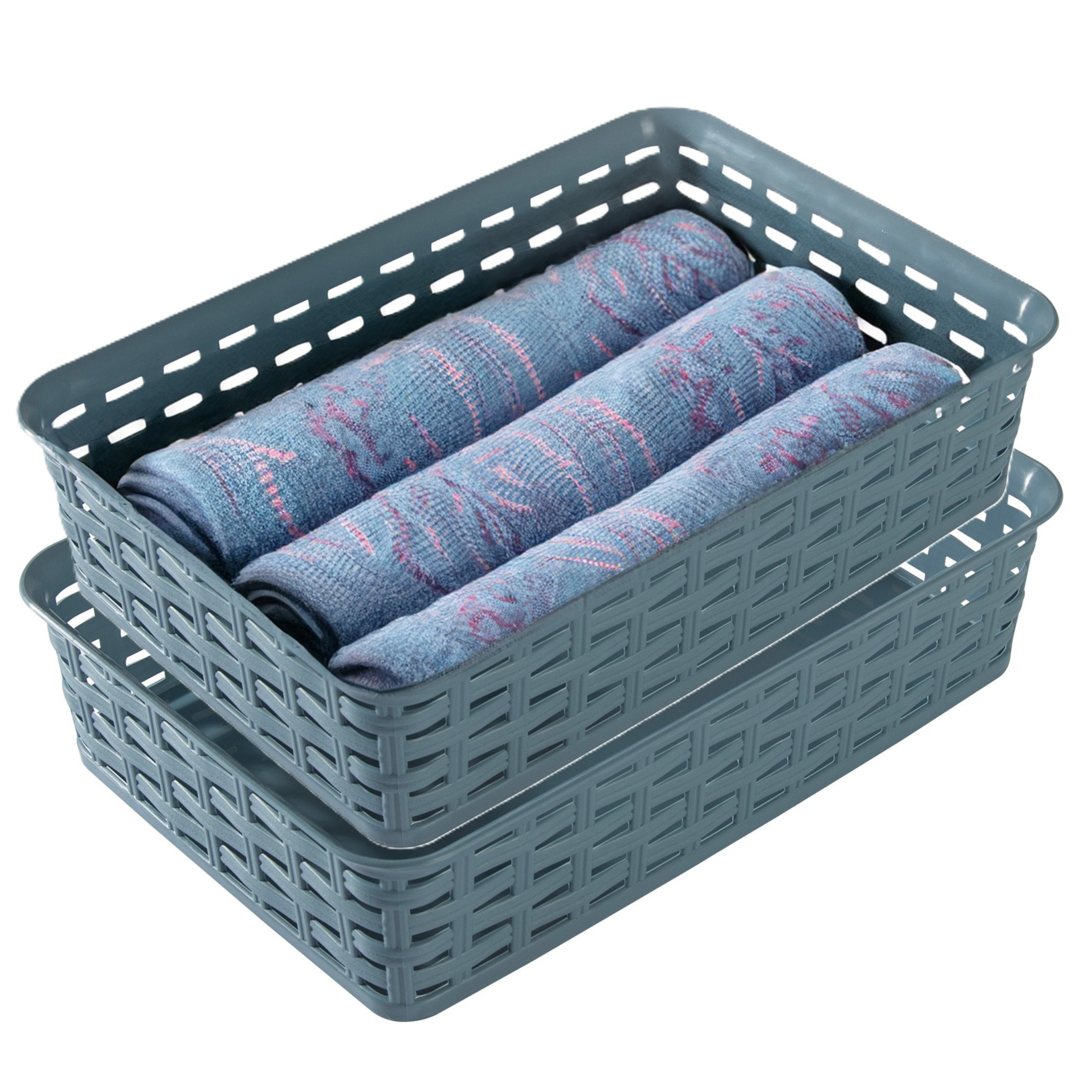 Opbergmandje/ladeverdeler - 2x - denin blauw - 2 liter - kunststof - 17 x 25 x 6 cm - kleine bakjes -