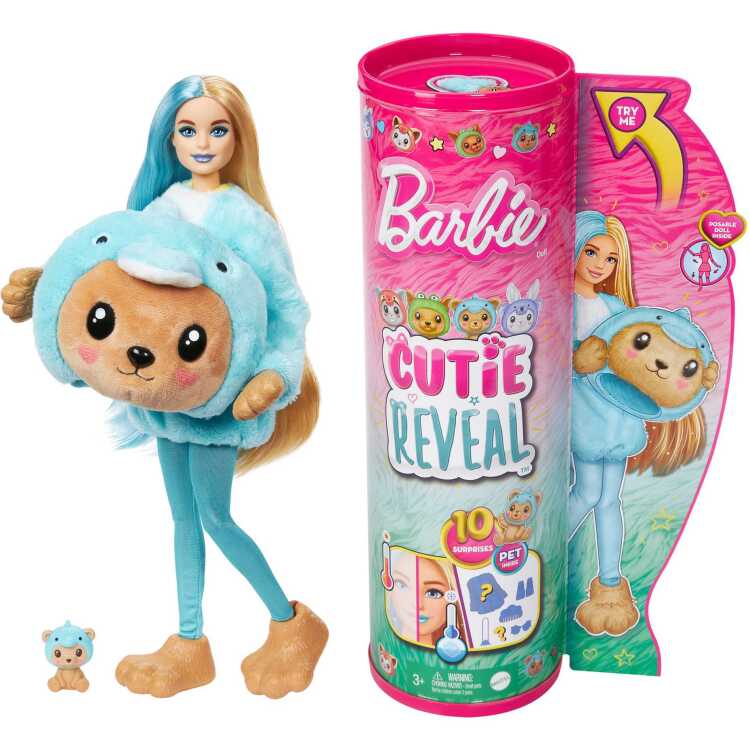 Mattel Cutie Reveal met kostuumthema en 10 verrassingen pop Teddybeer als dolfijn