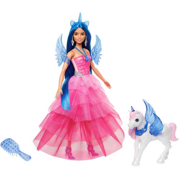 Mattel Eenhoornpop met blauw haar, roze jurk en alicorn pop 65e verjaardag