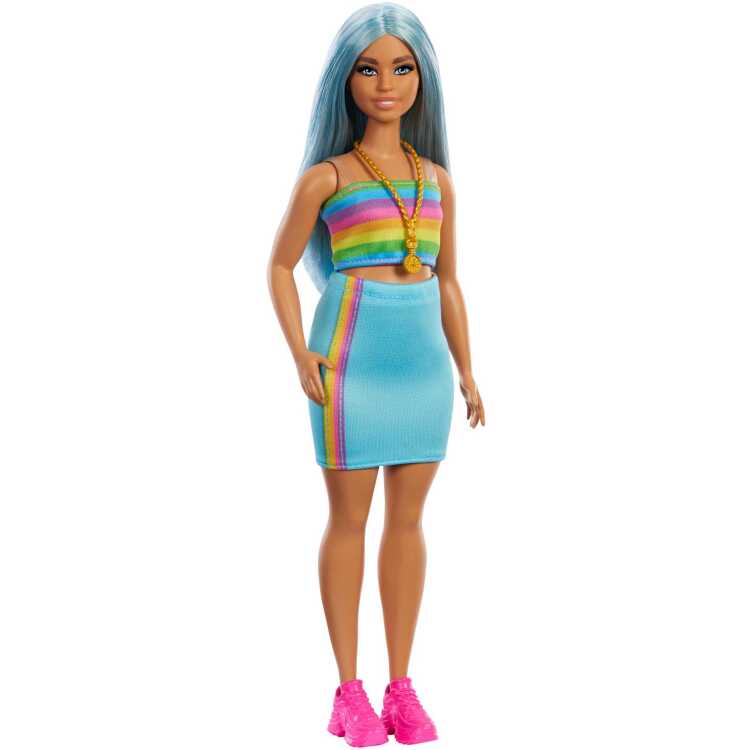 Mattel Fashionistas pop #218 met blauw haar, regenboogtopje en blauwgroen rokje pop 65e verjaardag