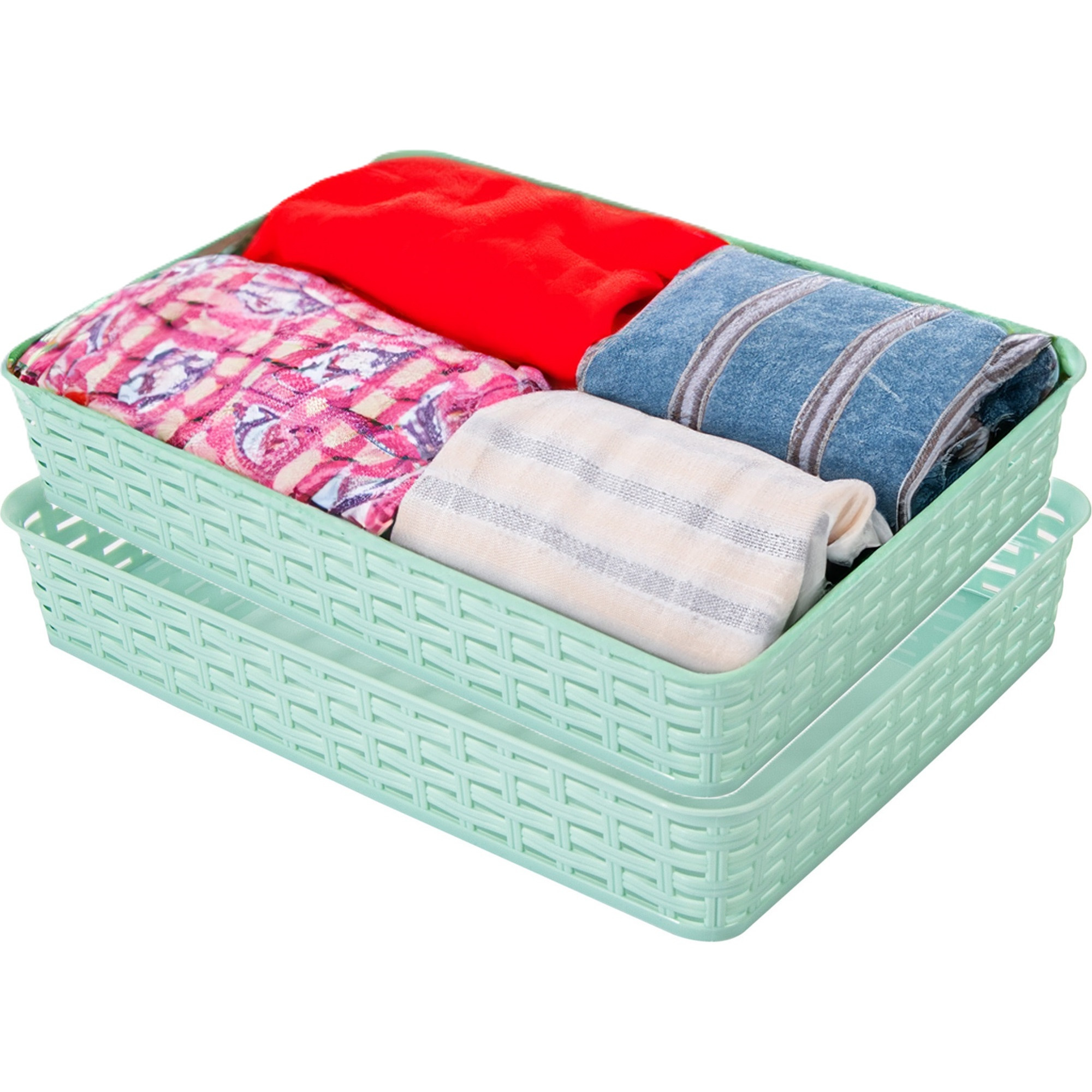 Opbergmandje/kastmandje - 2x - mintgroen - 4.5 liter - kunststof - 26 x 35 x 6 cm - ladeverdelers -