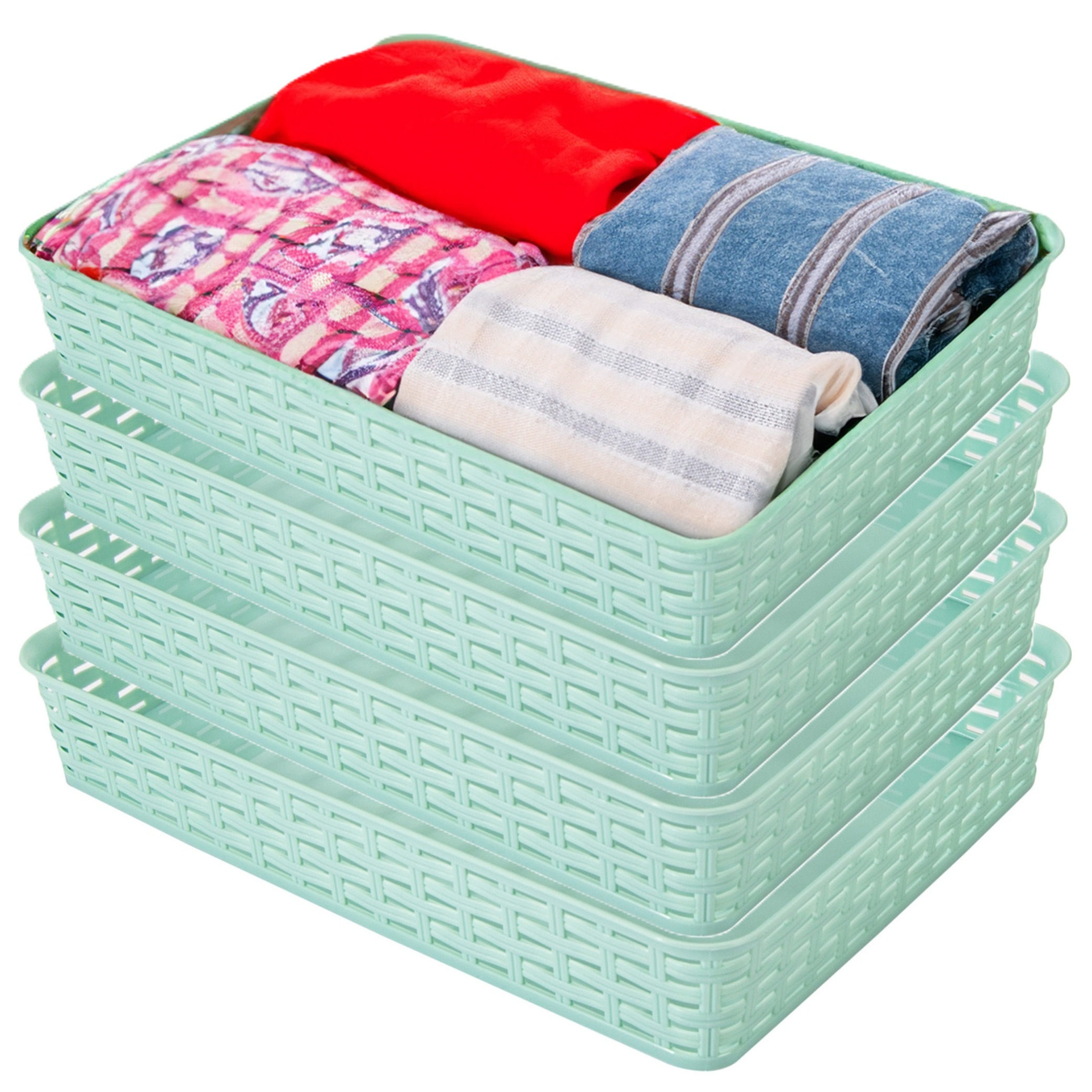 Opbergmandje/kastmandje - 4x - mintgroen - 4.5 liter - kunststof - 26 x 35 x 6 cm - ladeverdelers -