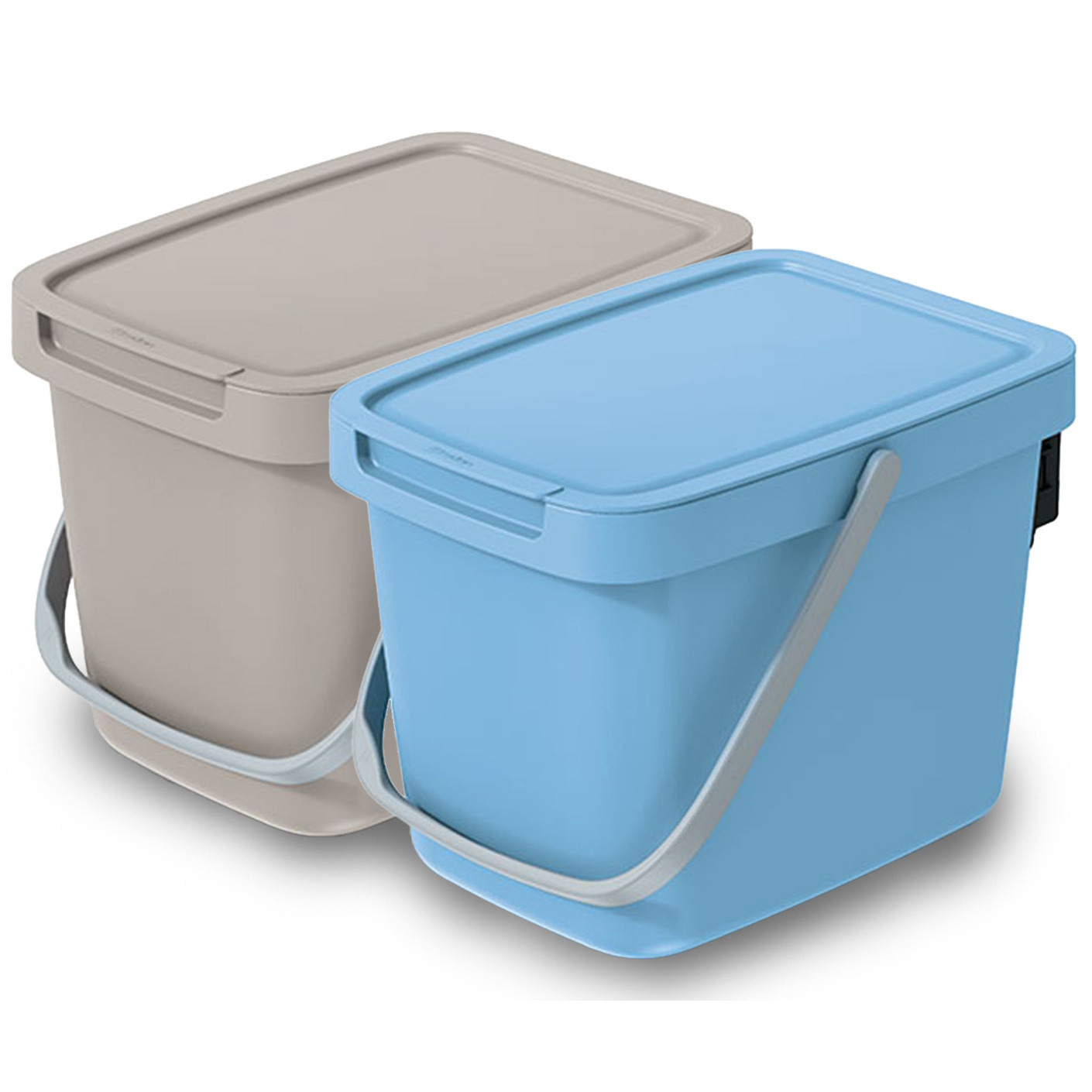 GFT aanrecht afvalbakjes set - 2x - 6L - beige/lichtblauw - 20 x 26 x 20 cm - klepje/hengsel -