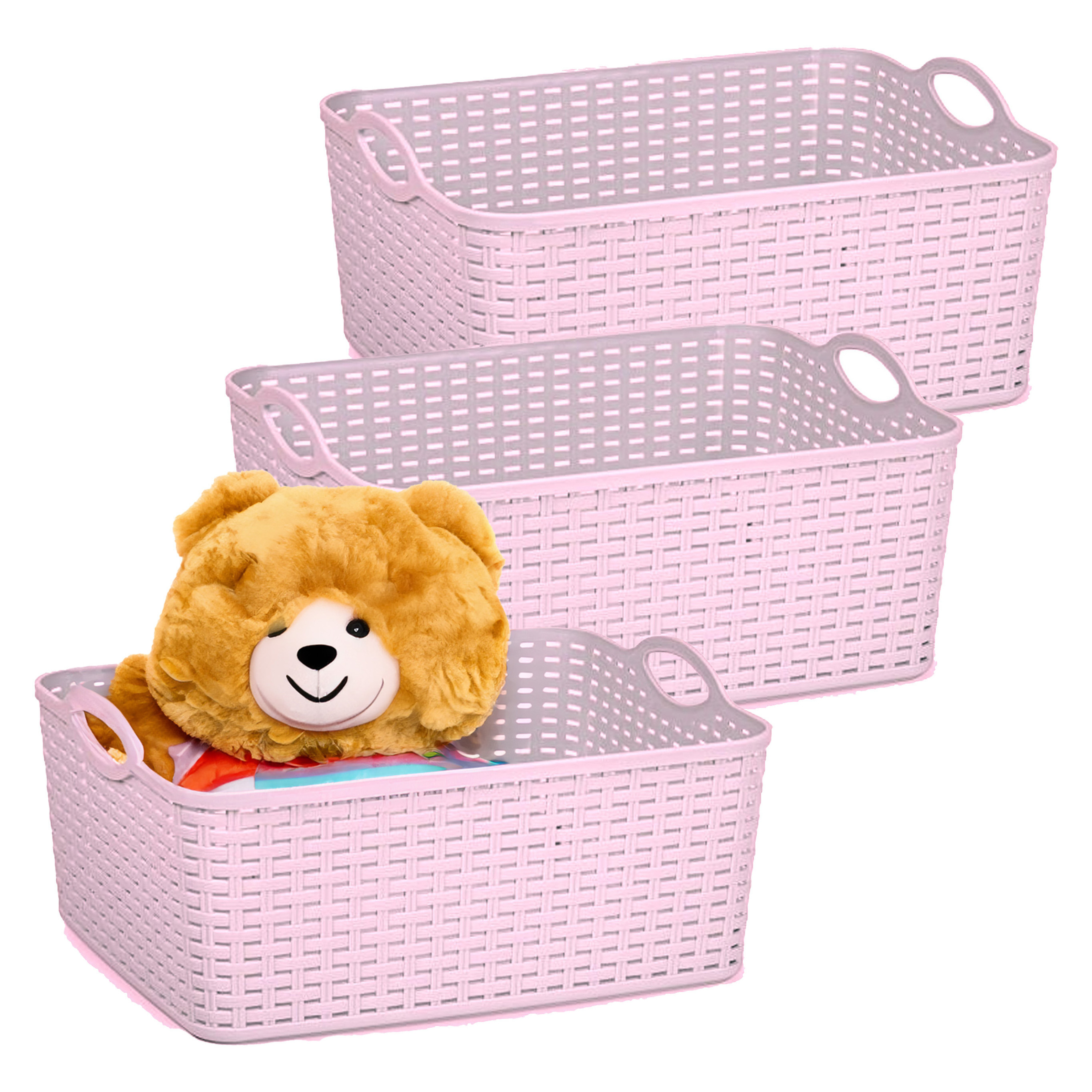 Opbergmand/kastmandje - 3x - 11 liter - oud roze - gevlochten kunststof - 35 x 28 x 16 cm -