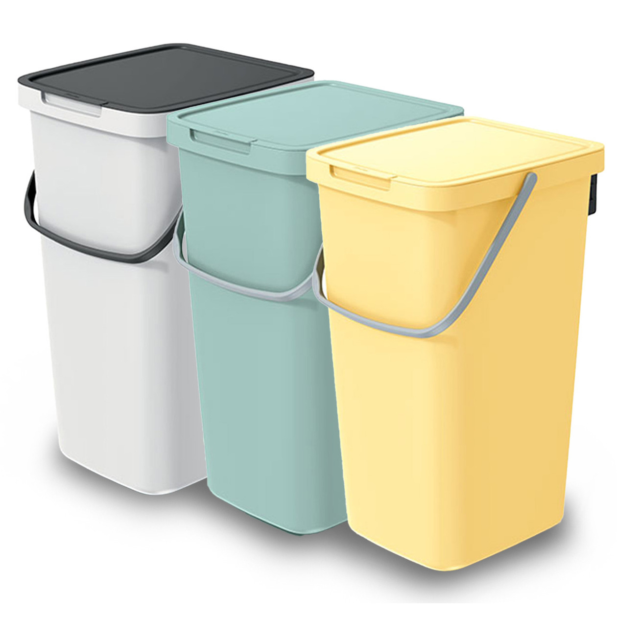 GFT/rest afvalbakken set - 3x - 25L - geel/groen/wit - 26 x 29 x 48 cm - afval scheiden -