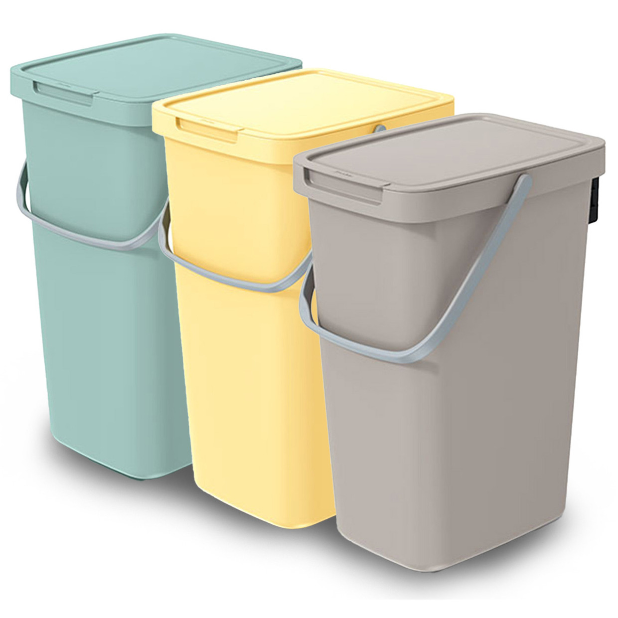GFT/rest afvalbakken set - 3x - 25L - beige/groen/geel - 26 x 29 x 48 cm - afval scheiden -