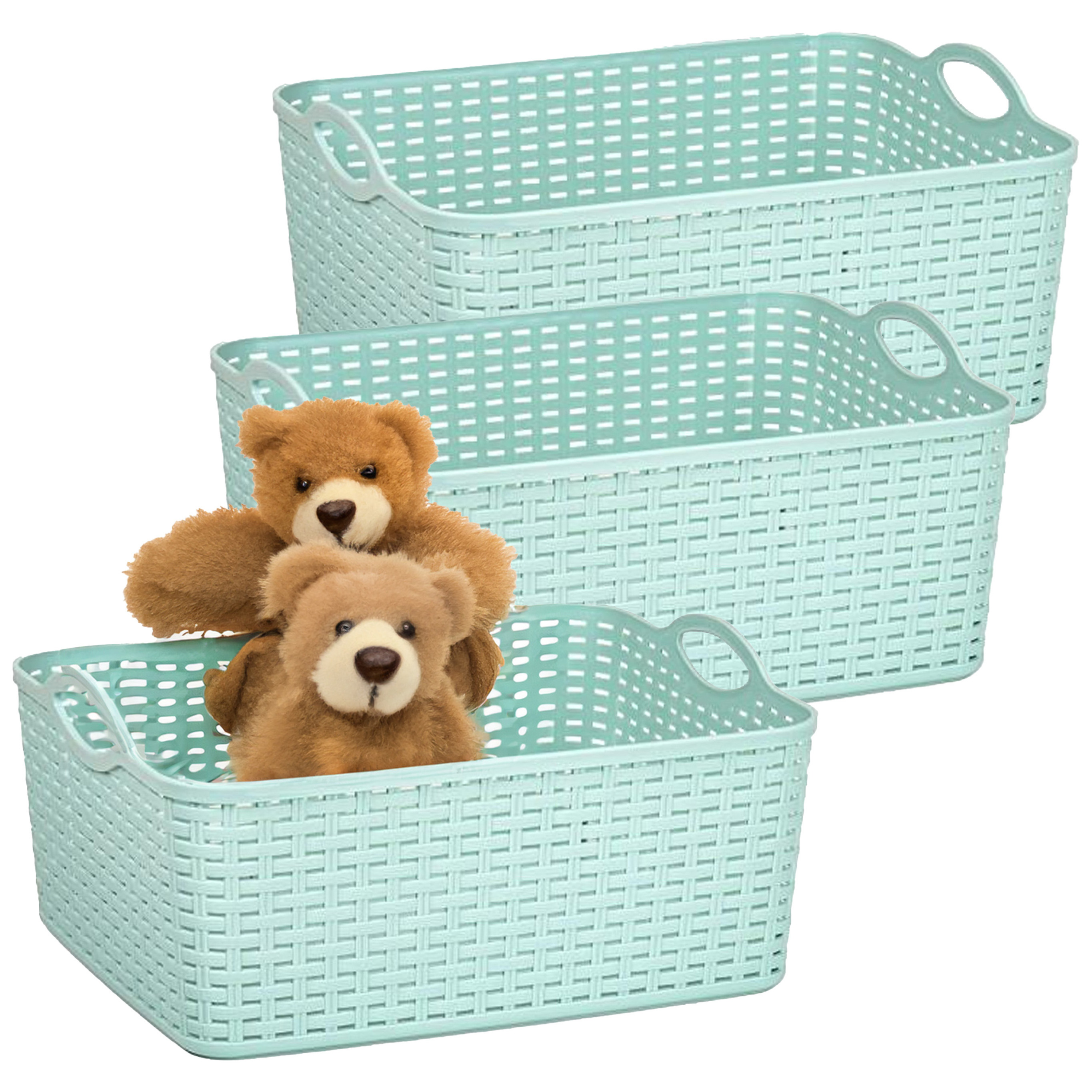 Opbergmand/kastmandje - 3x - 11 liter - mintgroen - gevlochten kunststof - 35 x 28 x 16 cm -