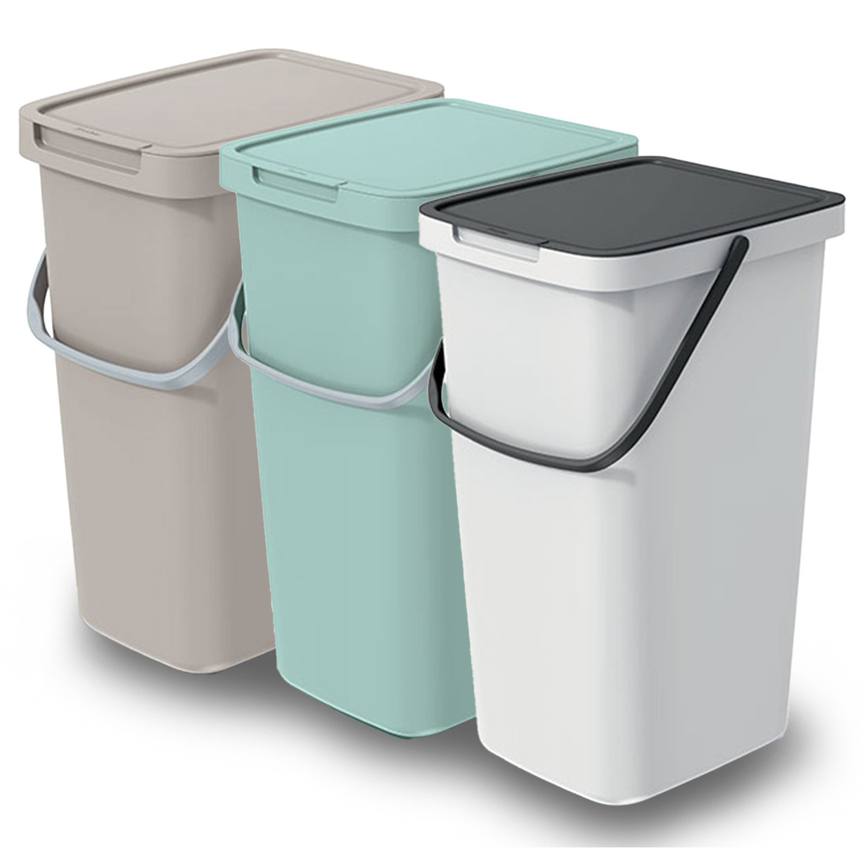 GFT/rest afvalbakken set - 3x - 25L - beige/groen/wit - 26 x 29 x 48 cm - afval scheiden -