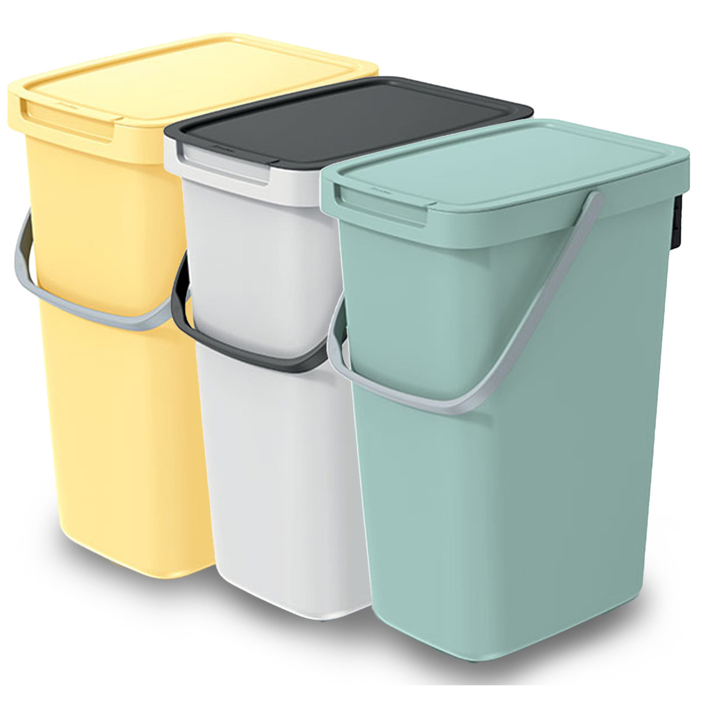 GFT/rest afvalbakken set - 3x - wit/geel/groen - 12L - afsluitbaar - 20 x 26 x 37 cm - afval scheid -