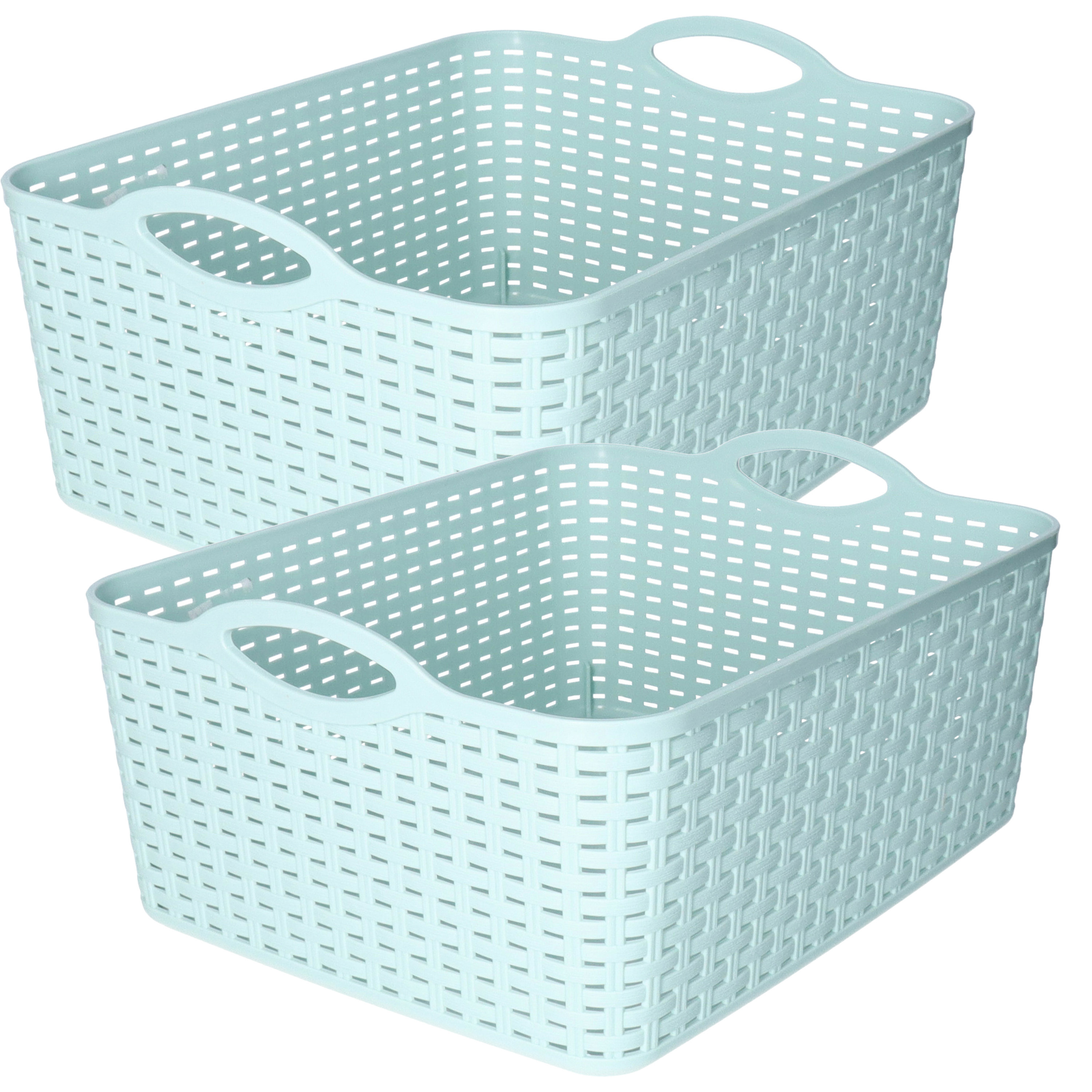 Opbergmand/kastmandje - 2x - 11 liter - mintgroen - gevlochten kunststof - 35 x 28 x 16 cm -