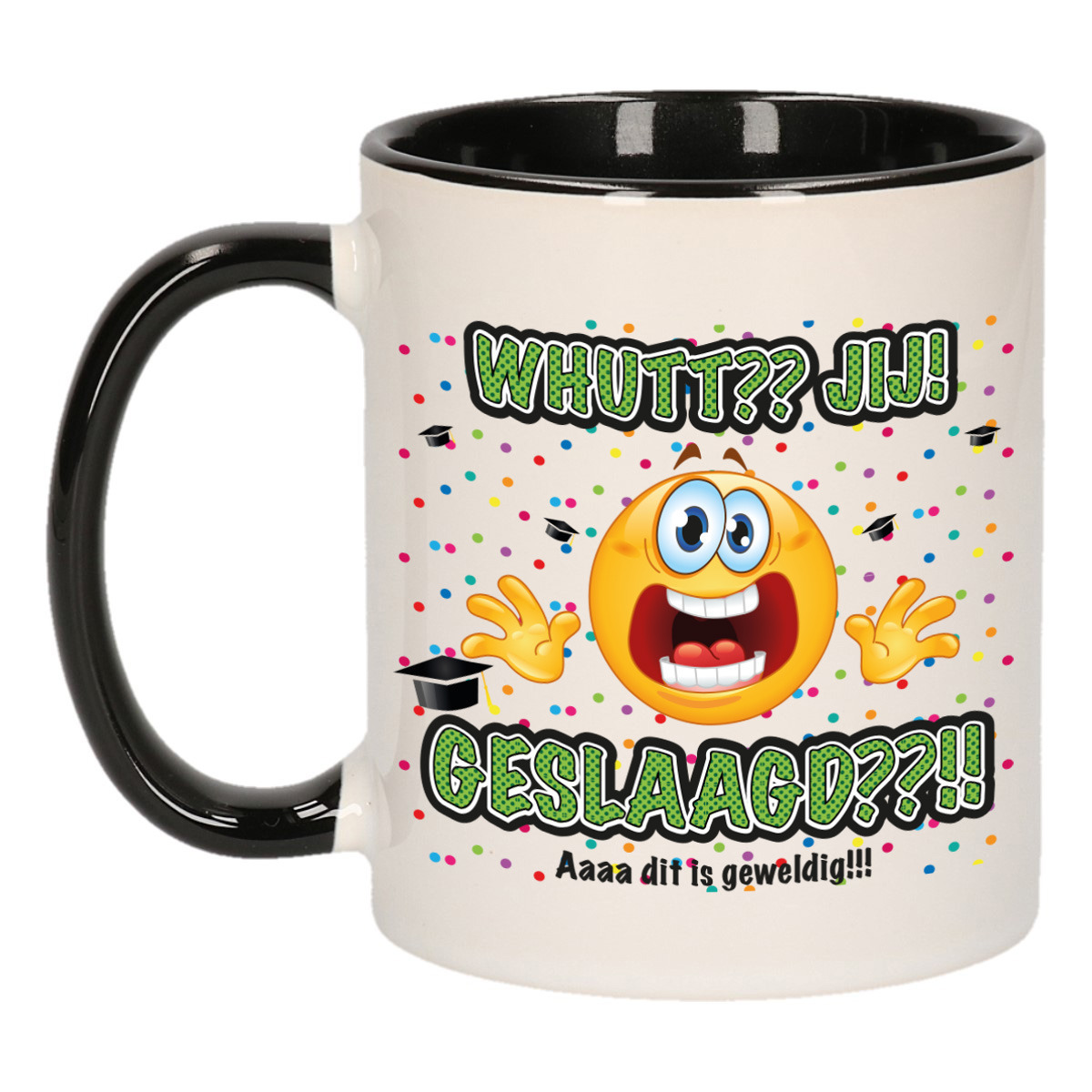 Geslaagd cadeau mok - zwart - Whutt jij geslaagd - keramiek - ca. 300 ml -