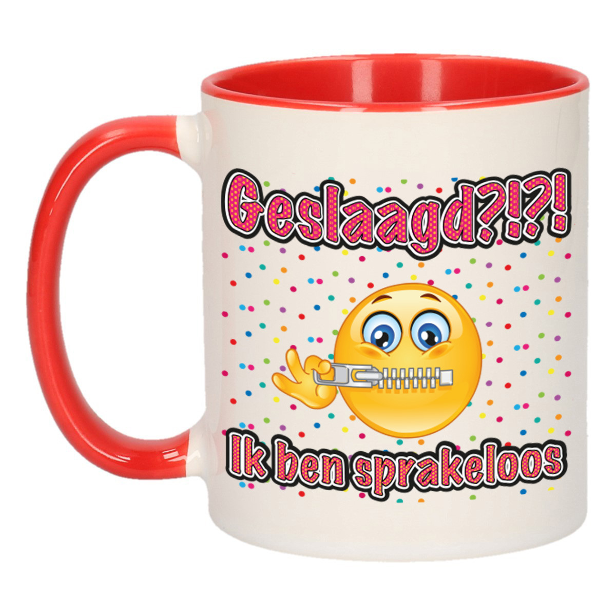 Geslaagd cadeau mok - rood - Geslaagd?!?! Sprakeloos - keramiek - ca. 300 ml -