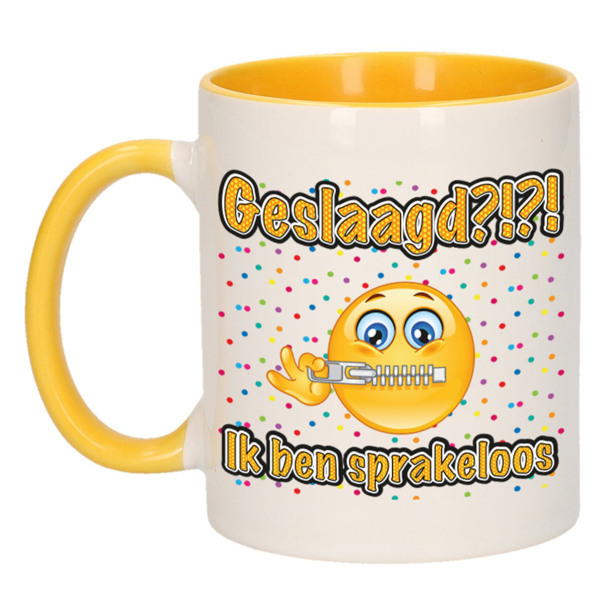 Geslaagd cadeau mok - geel - Geslaagd?!?! Sprakeloos - keramiek - ca. 300 ml -
