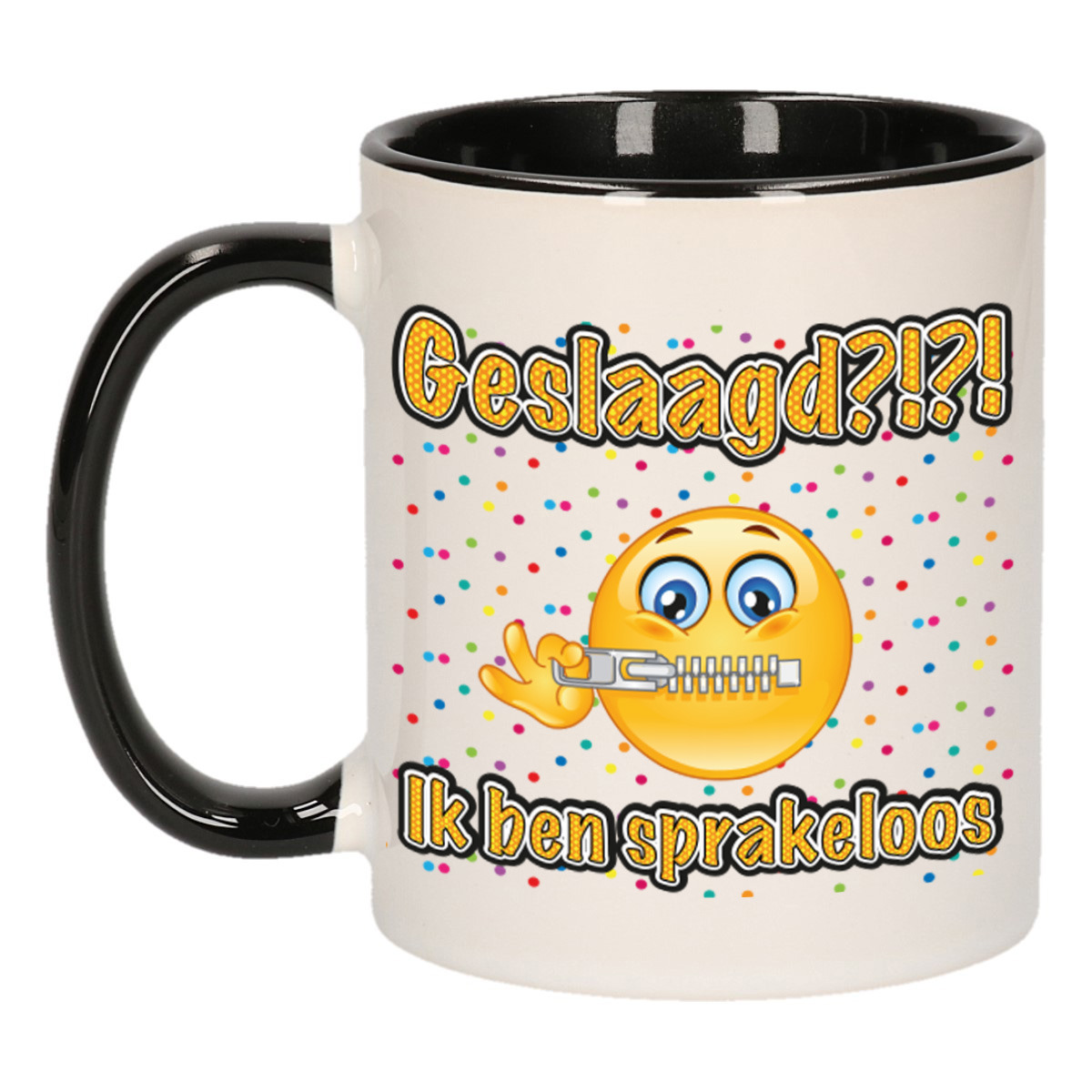 Geslaagd cadeau mok - zwart - Geslaagd?!?! Sprakeloos - keramiek - ca. 300 ml -