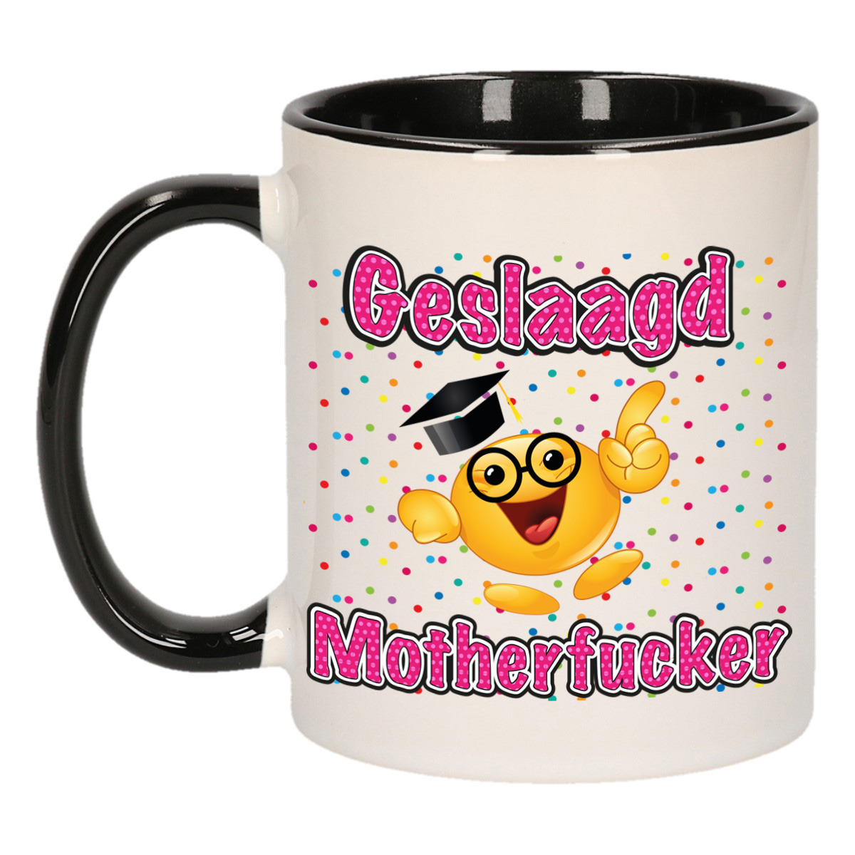Geslaagd cadeau mok - zwart/roze - Geslaagd Motherfucker - keramiek - ca. 300 ml -
