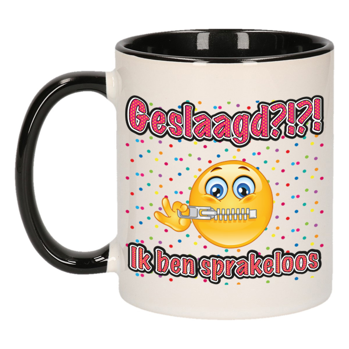 Geslaagd cadeau mok - zwart/rood - Geslaagd?!?! Sprakeloos - keramiek - ca. 300 ml -