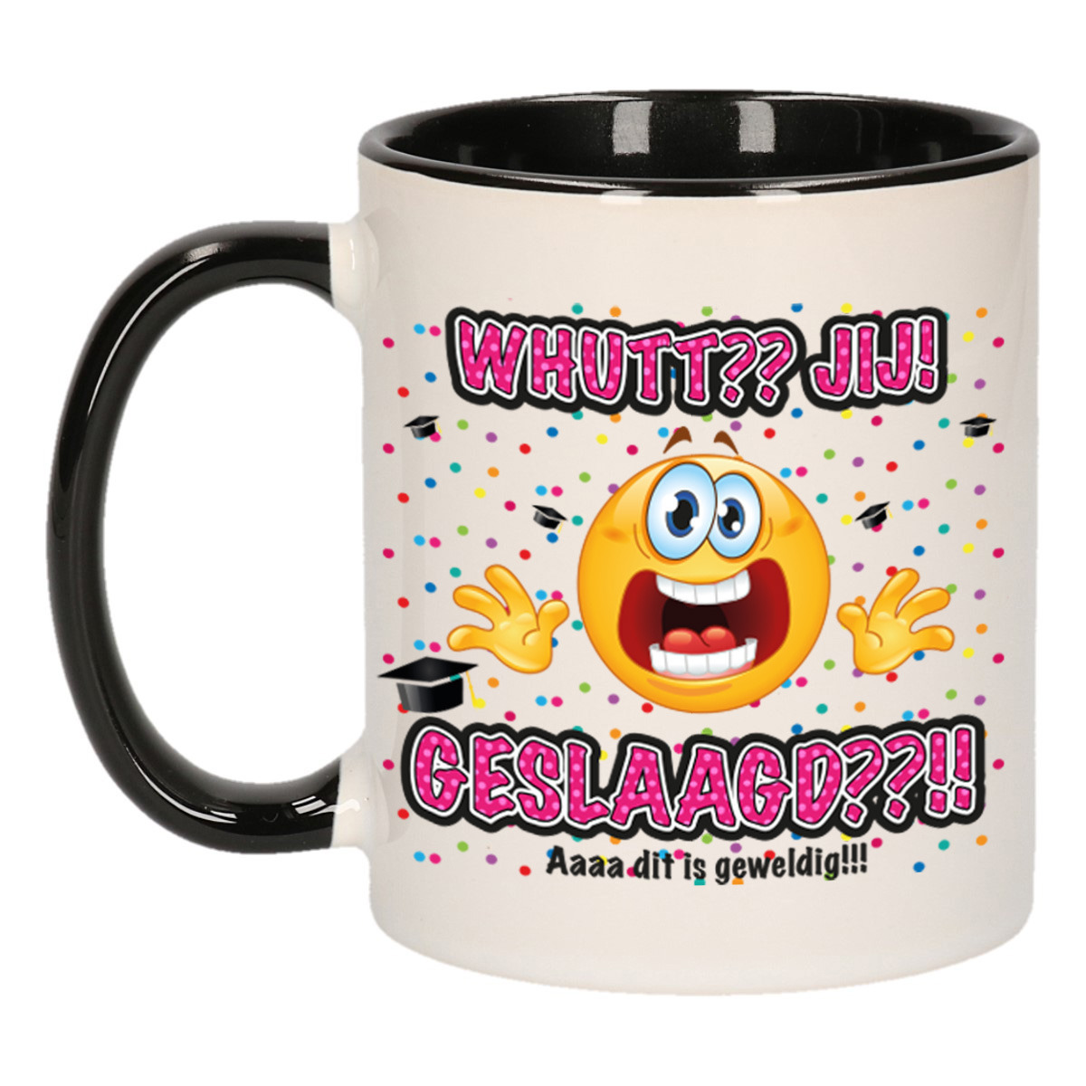 Geslaagd cadeau mok - zwart - Whutt jij geslaagd - keramiek - ca. 300 ml -