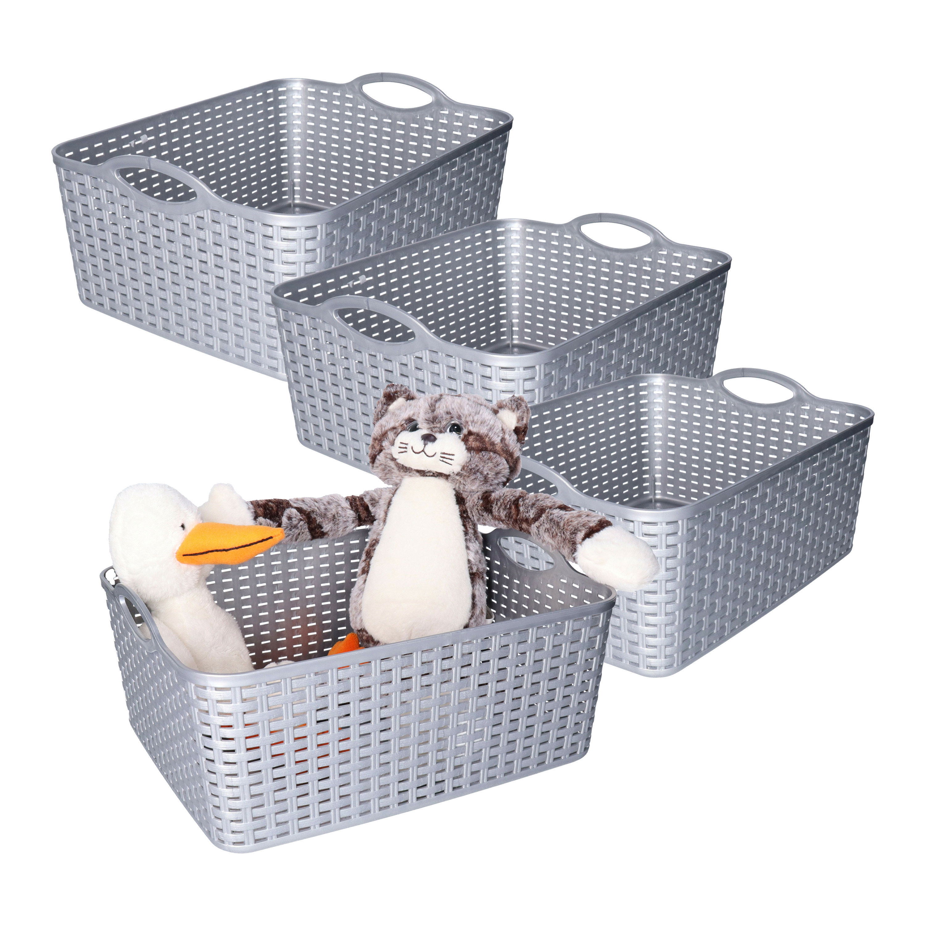 Opbergmand/kastmandje - 4x - 11 liter - zilver - gevlochten kunststof - 35 x 28 x 16 cm -