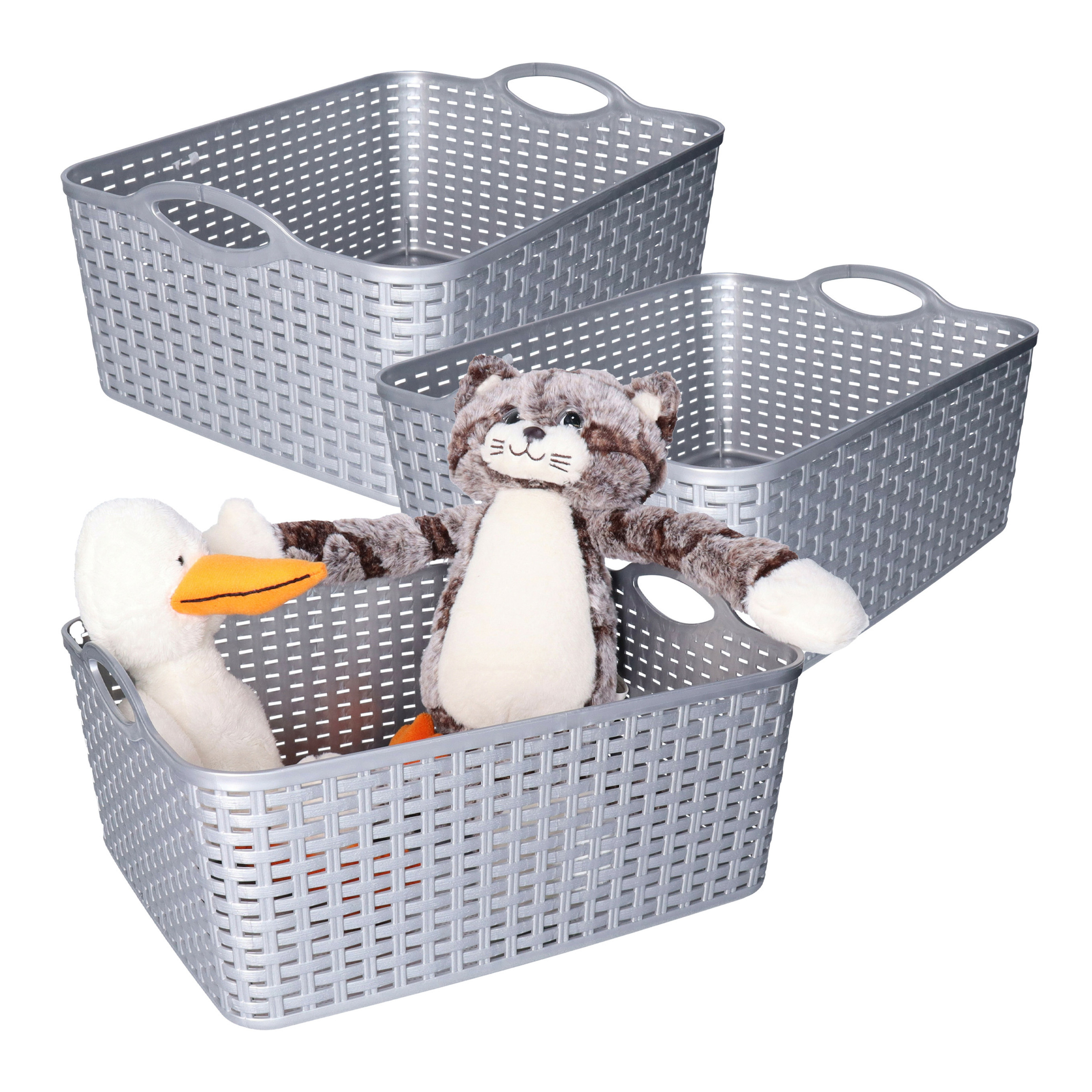 Opbergmand/kastmandje - 3x - 11 liter - zilver - gevlochten kunststof - 35 x 28 x 16 cm -