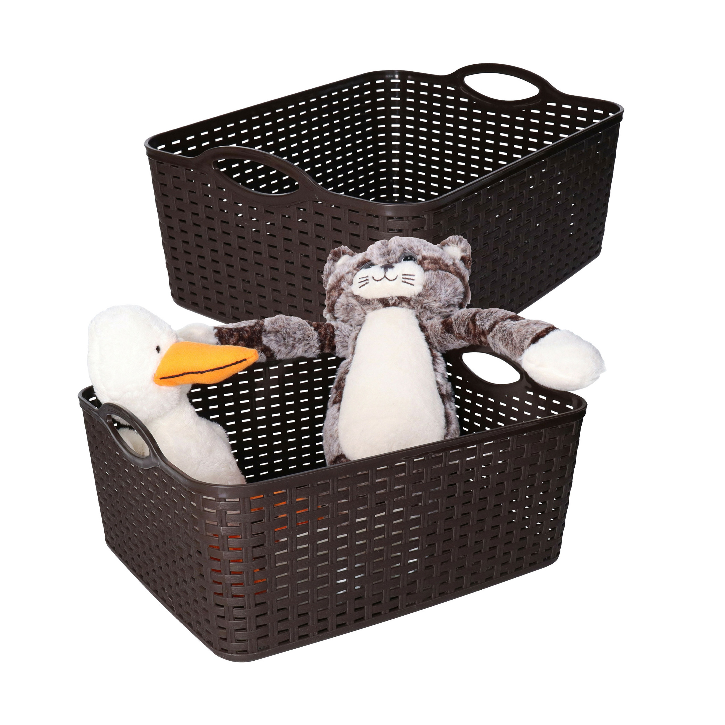Opbergmand/kastmandje - 2x - 11 liter - donkerbruin - gevlochten kunststof - 35 x 28 x 16 cm -