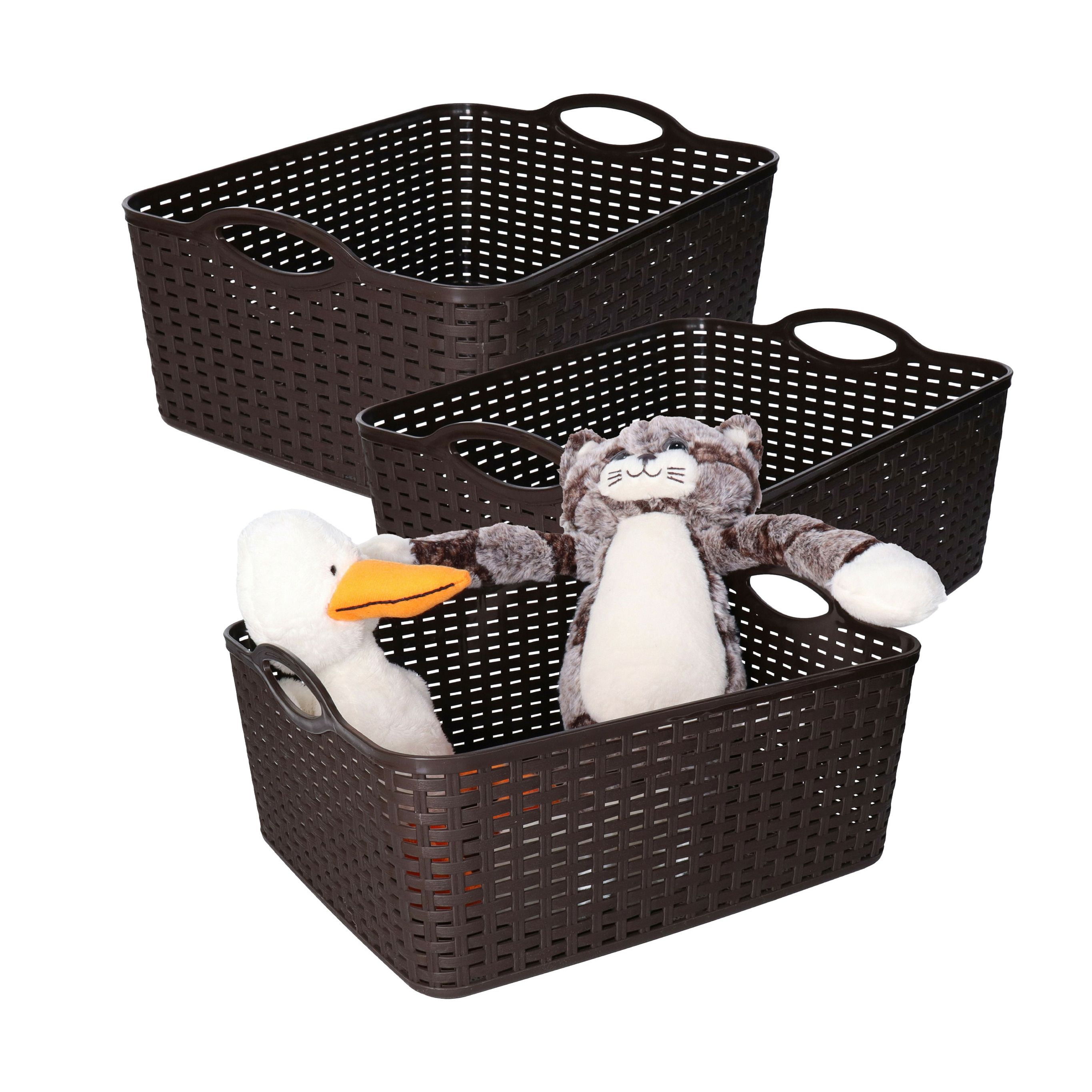Opbergmand/kastmandje - 3x - 11 liter - donkerbruin - gevlochten kunststof - 35 x 28 x 16 cm -