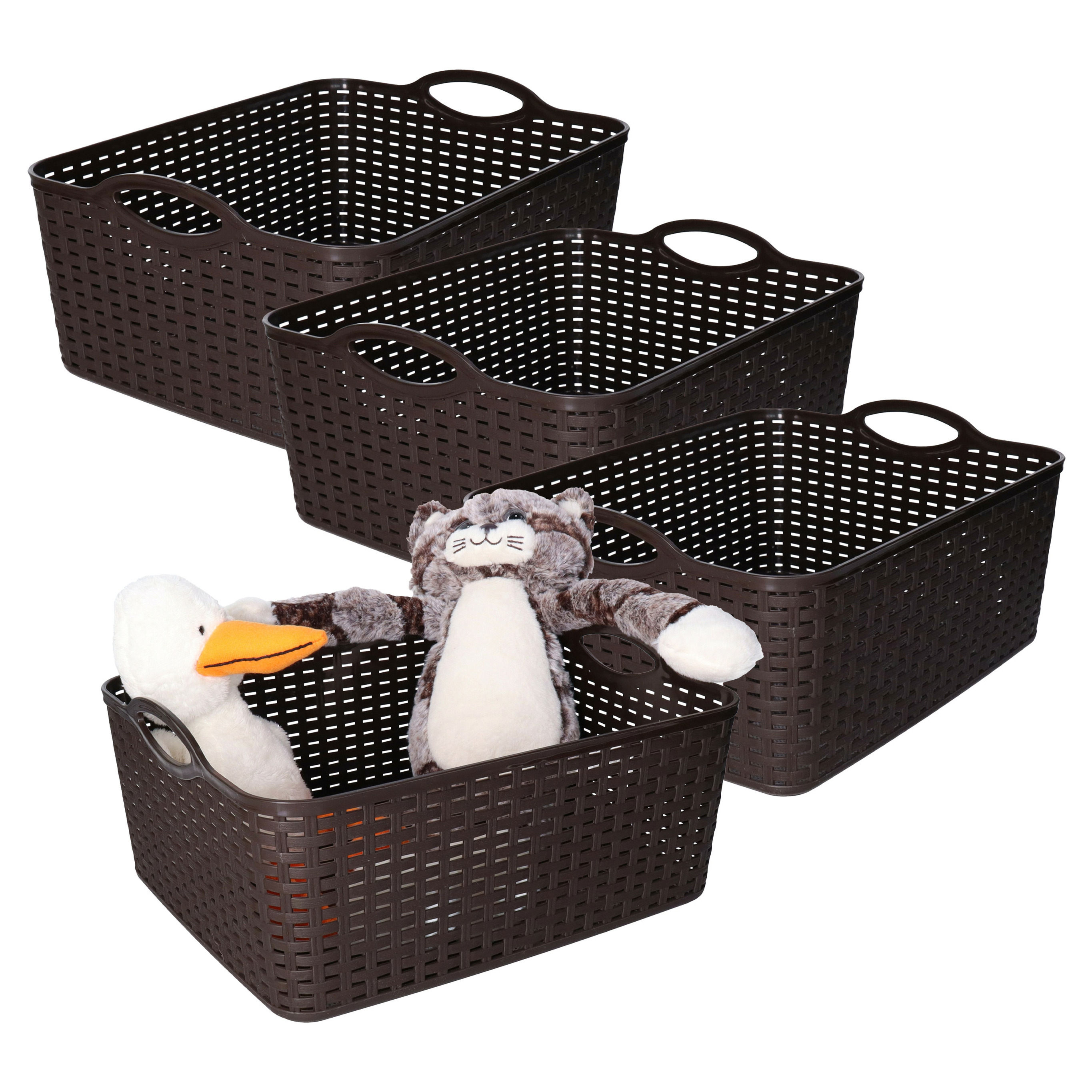 Opbergmand/kastmandje - 4x - 11 liter - donkerbruin - gevlochten kunststof - 35 x 28 x 16 cm -