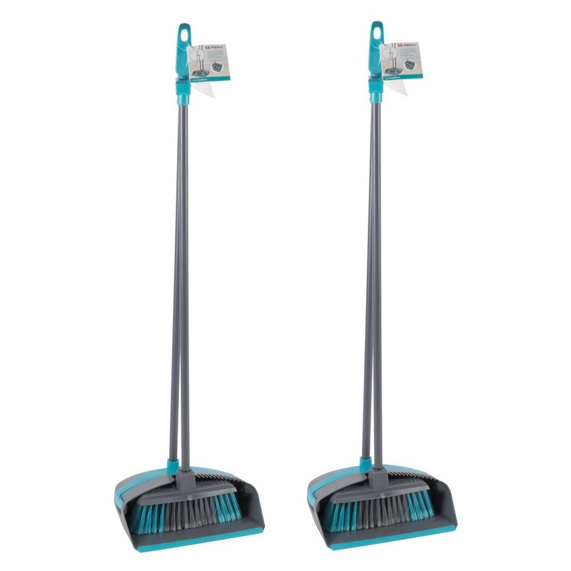 Stoffer en blik met lange steel - 2x - blauw/grijs - kunststof - 93 cm - bezem/vegen - schoonmaken -