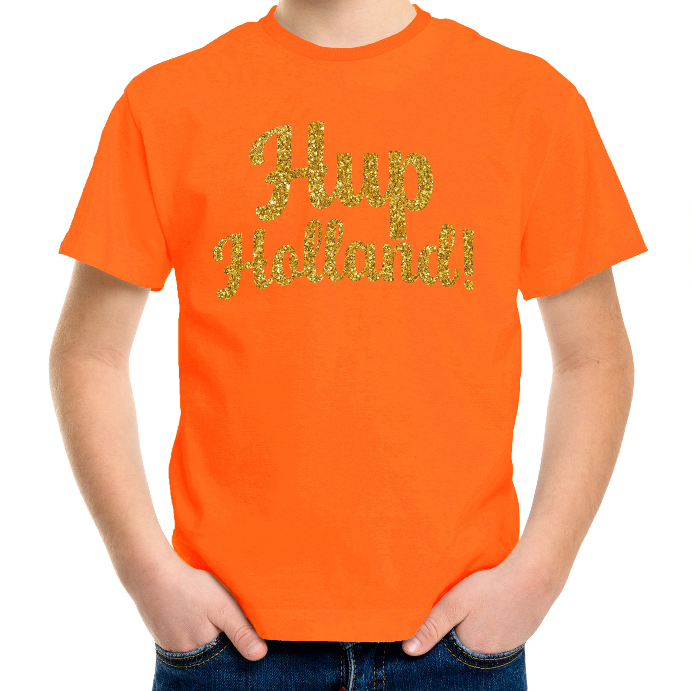 Oranje supporter T-shirt voor jongens - Hup Holland - oranje - EK/WK voetbal - Nederland S (122-128) -