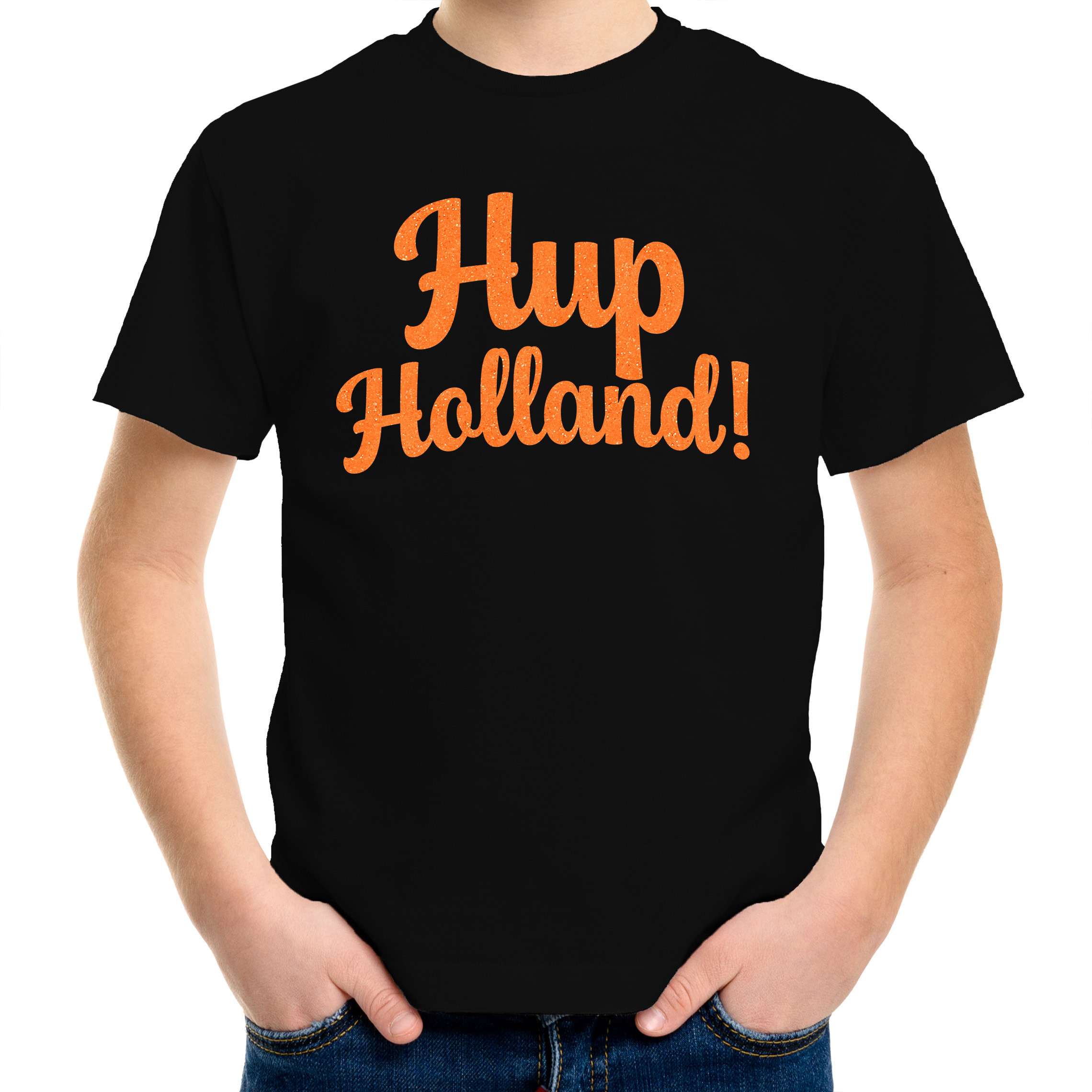 Oranje supporter T-shirt voor jongens - Hup Holland - zwart - EK/WK voetbal - Nederland M (134-140) -