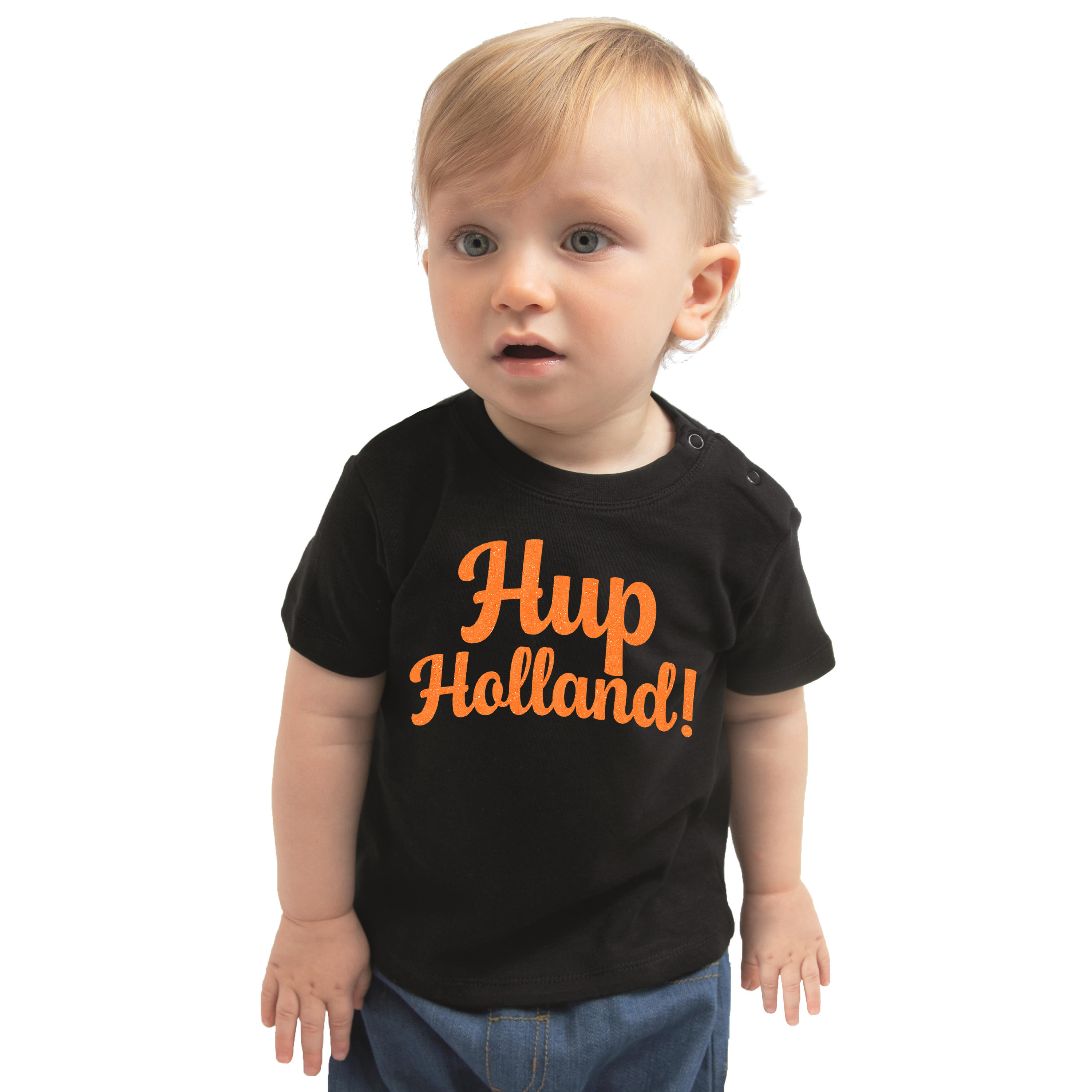 Oranje supporter T-shirt voor baby/peuters - Hup Holland - zwart - EK/WK voetbal - Nederland 76/86 (12-18 maanden) -