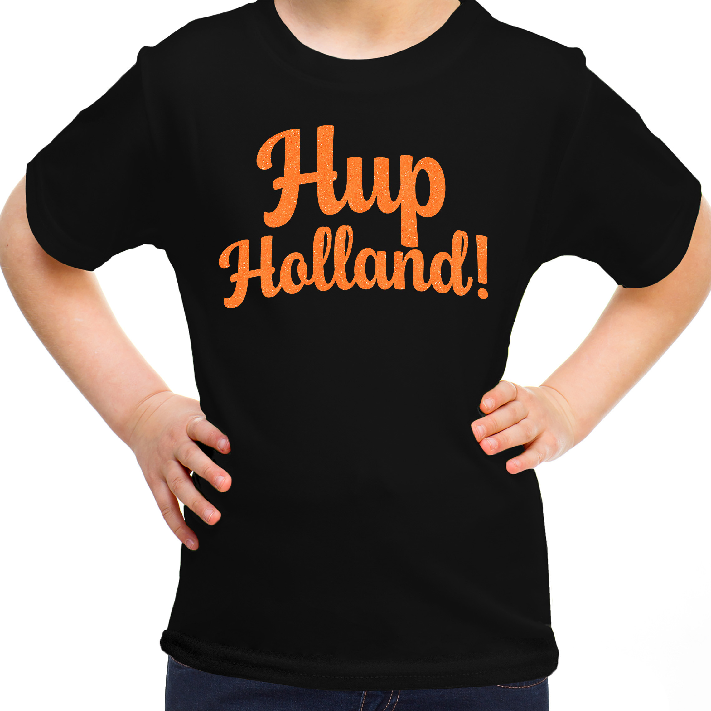 Oranje supporter T-shirt voor meisjes - Hup Holland - zwart - EK/WK voetbal - Nederland L (146-152) -