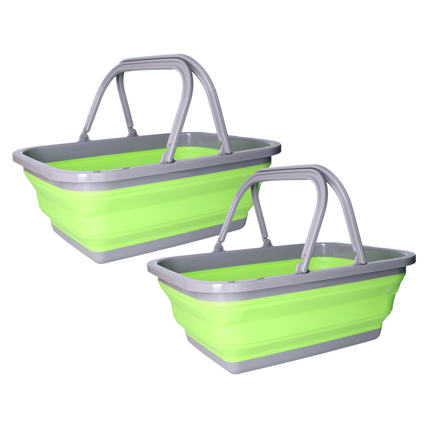 Wasmand/boodschappen mand opvouwbaar met hengsel - 2x - kunststof - 30L - groen - 39 x 27 x 14,5 cm -