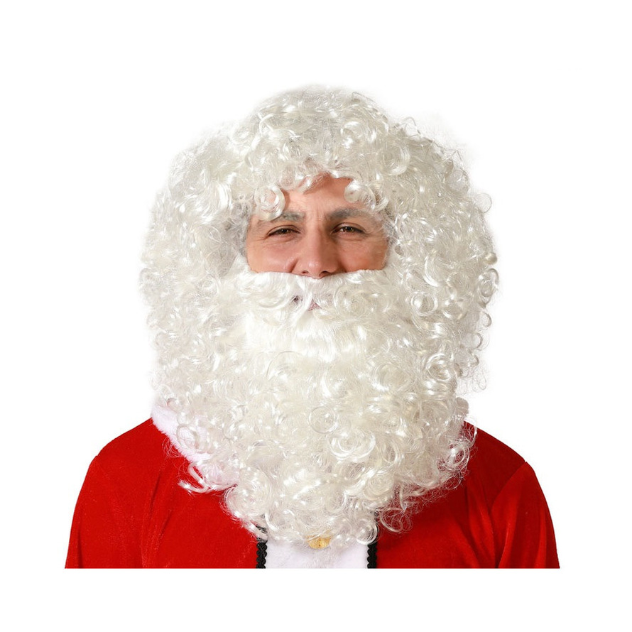 Verkleedpruik voor heren met krullen - De kerstman - wit - met volle baard en snor -